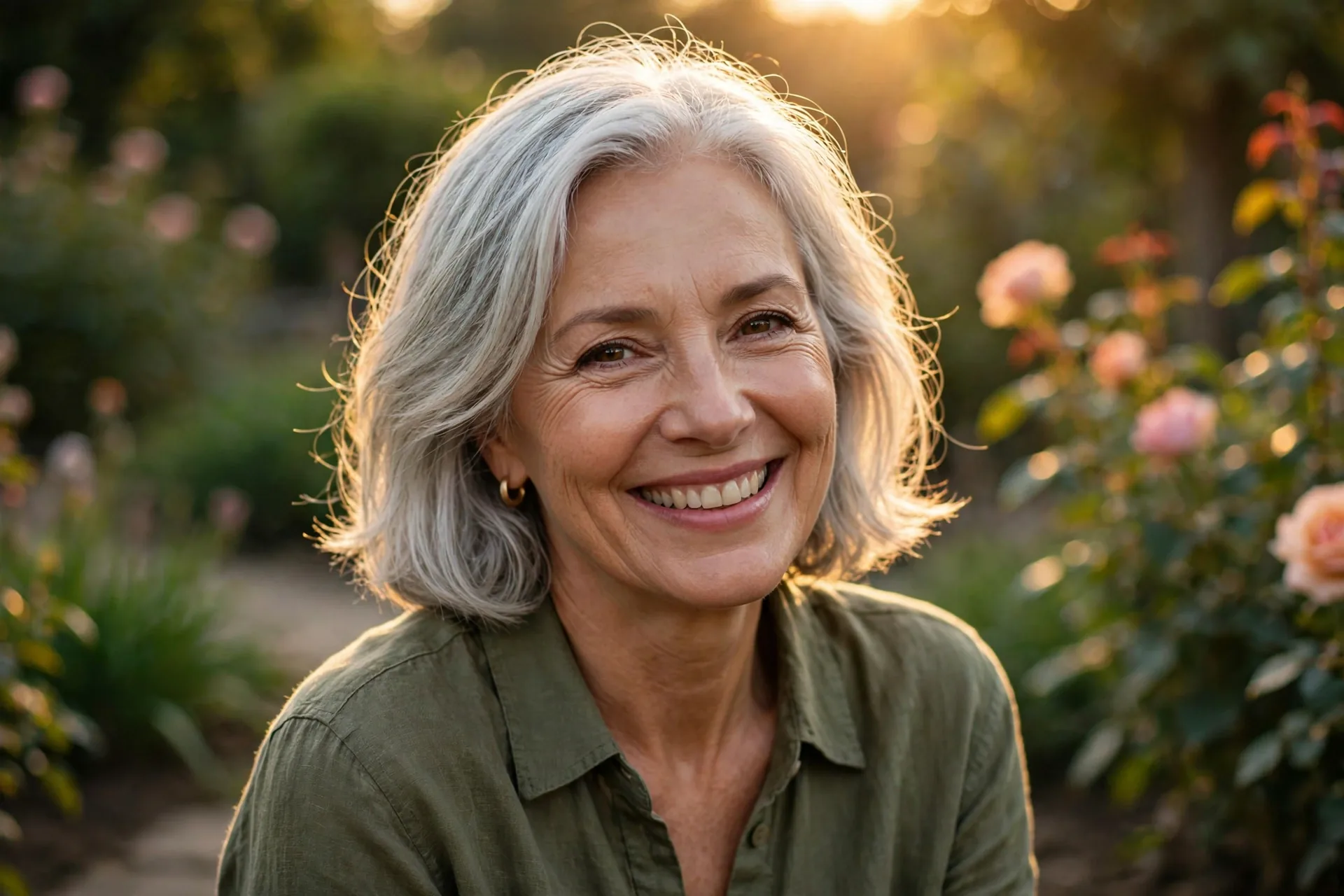 Joyful older woman smiling in golden light