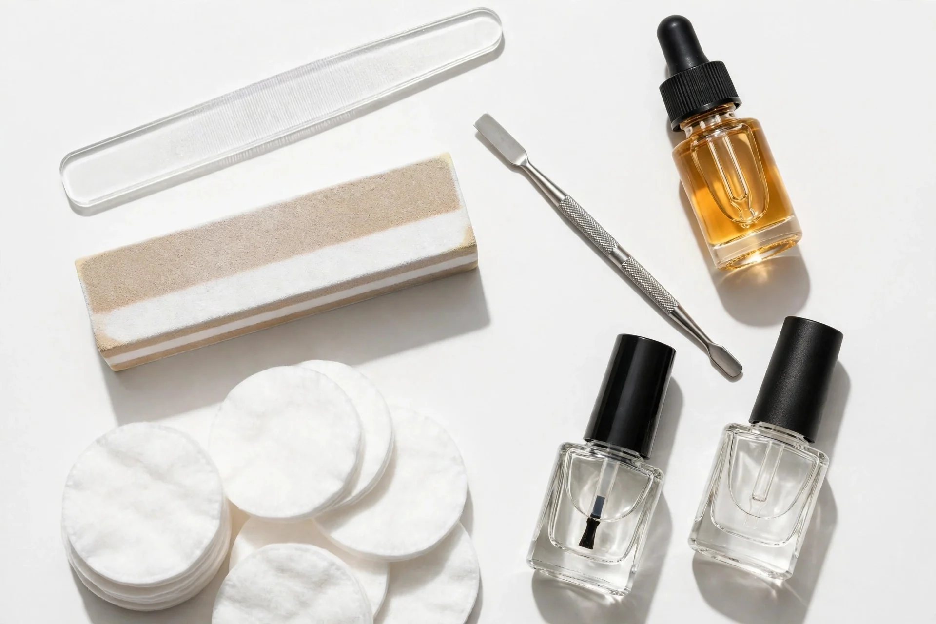 Flat lay of an at-home manicure kit with glass file, buffer, cuticle oil, base and top coats