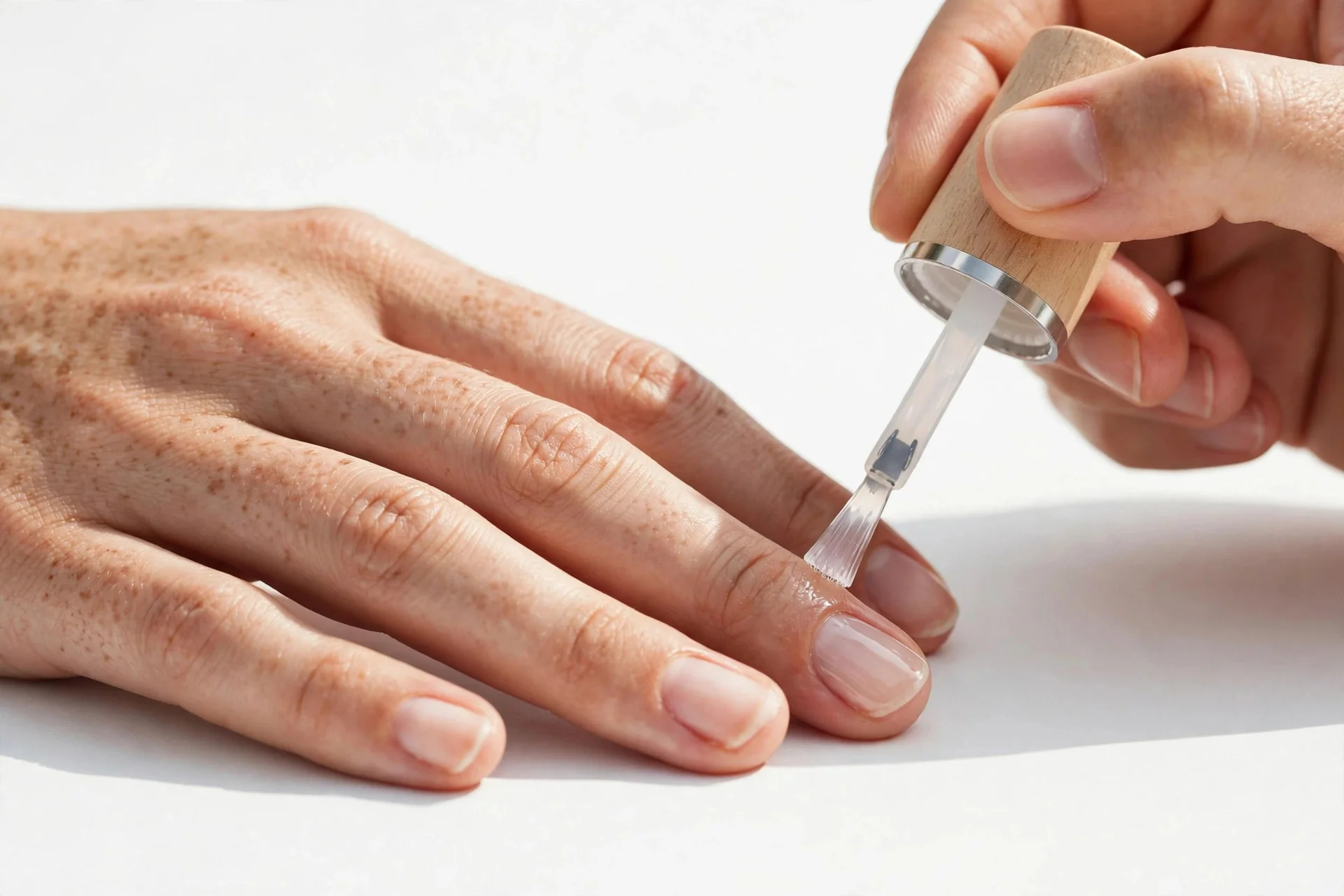 Close-up of clear base coat being brushed onto a natural nail