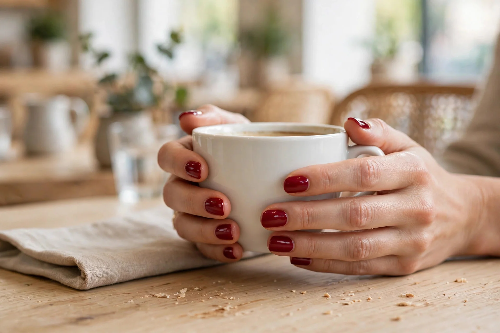 Hands with a glossy deep-red manicure holding a white coffee cup