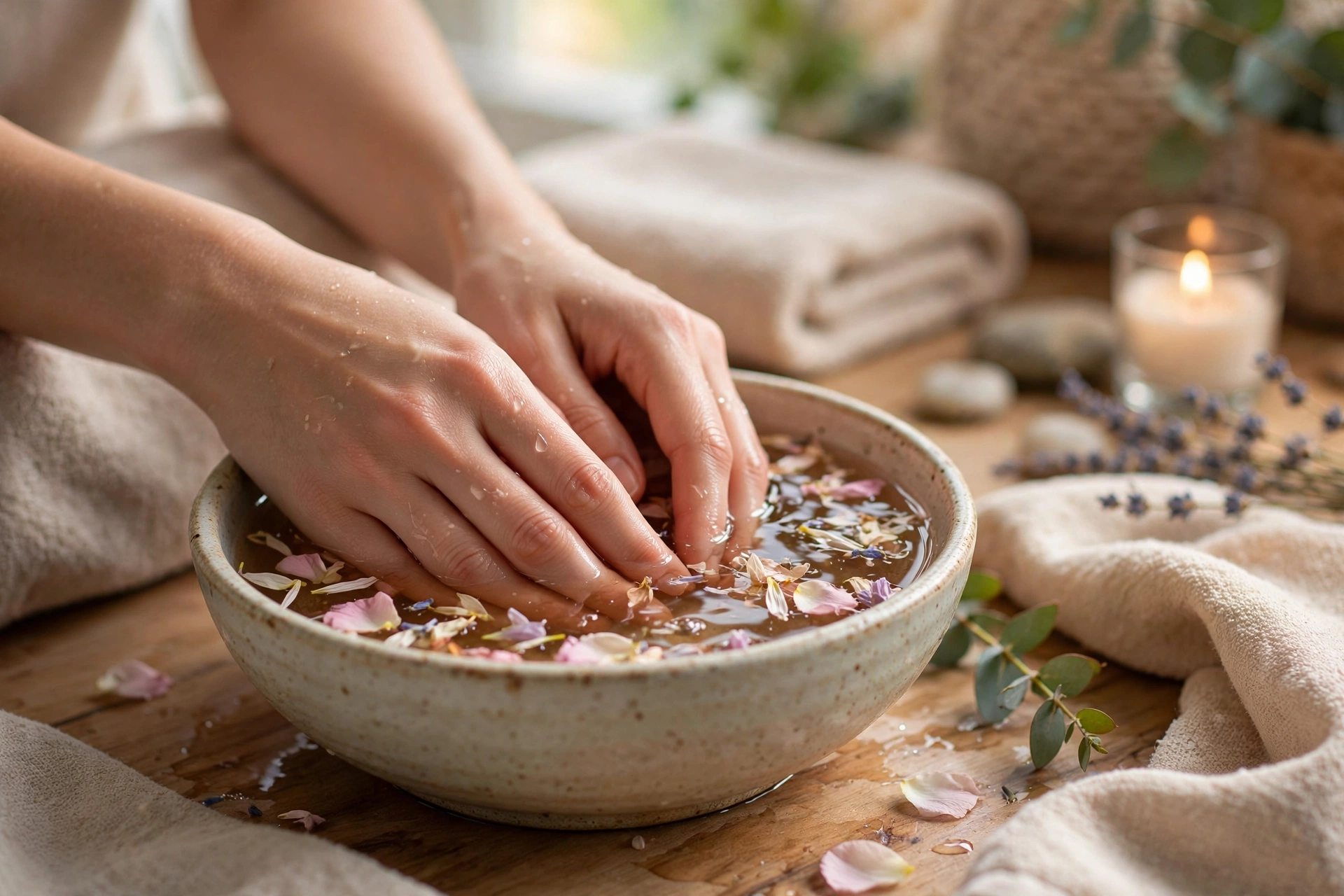 Hands soaking in warm water with petals before tidying cuticles during an at-home manicure