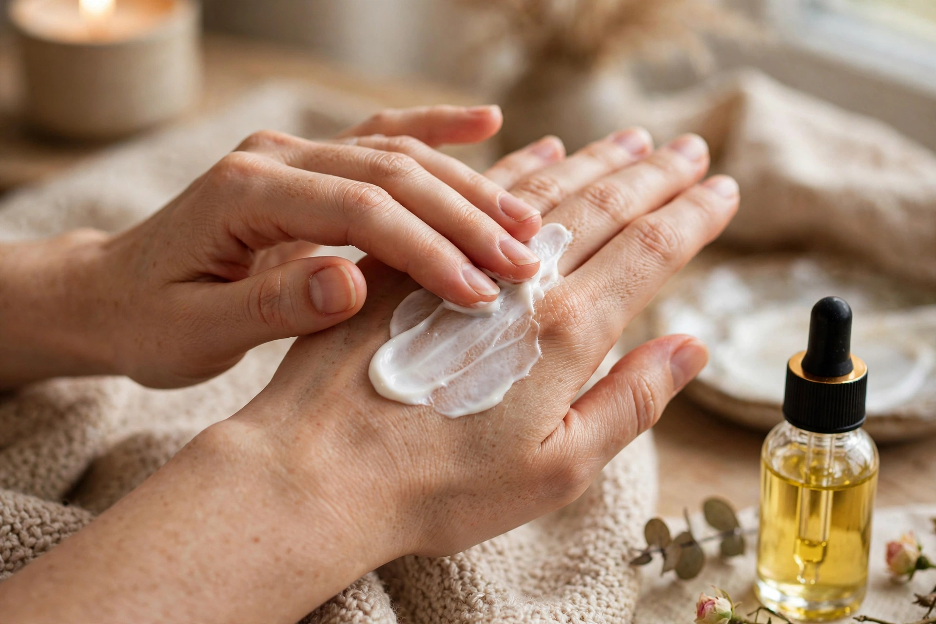 Massaging rich hand cream into hands and cuticles during an at-home manicure