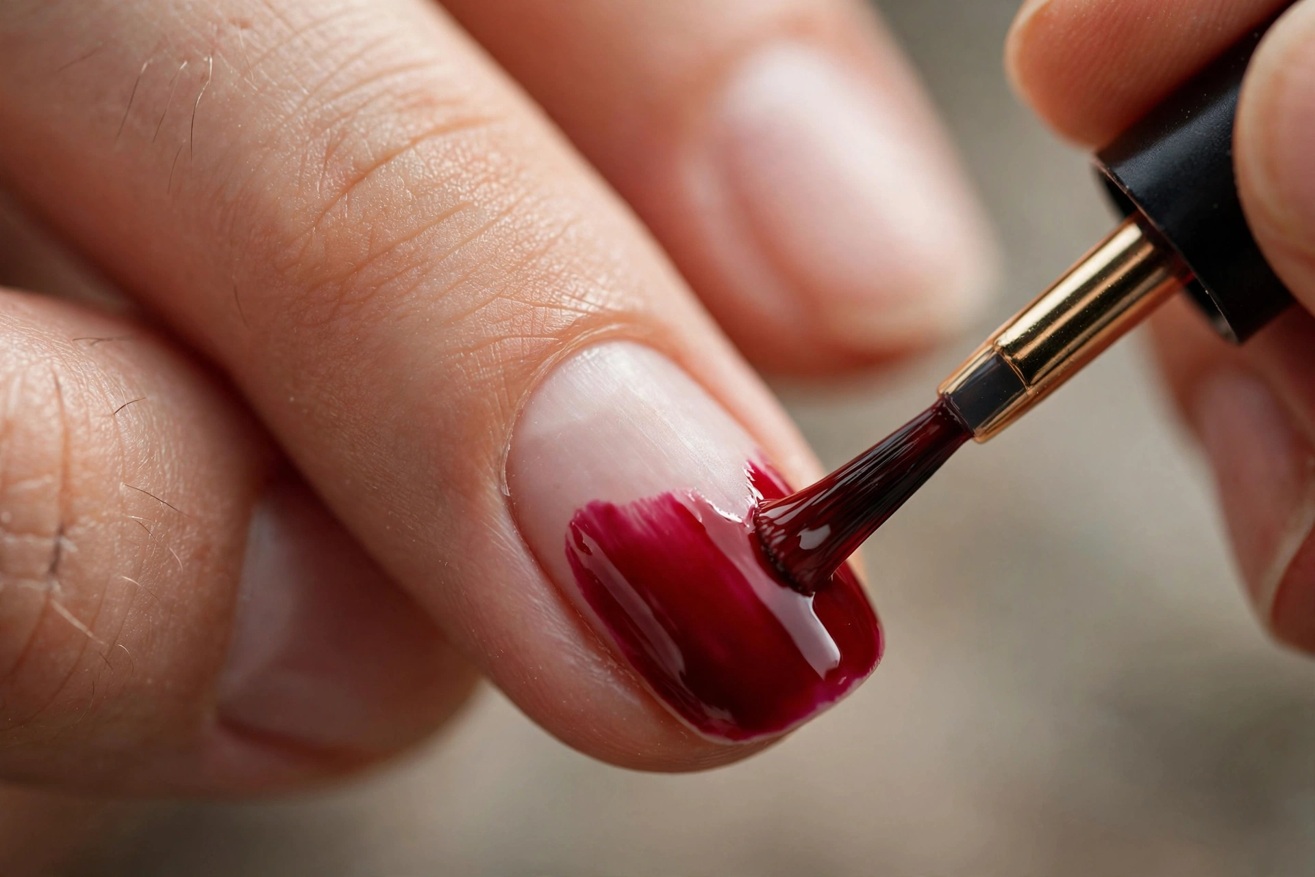 Applying deep red nail polish precisely like a pro during an at-home manicure