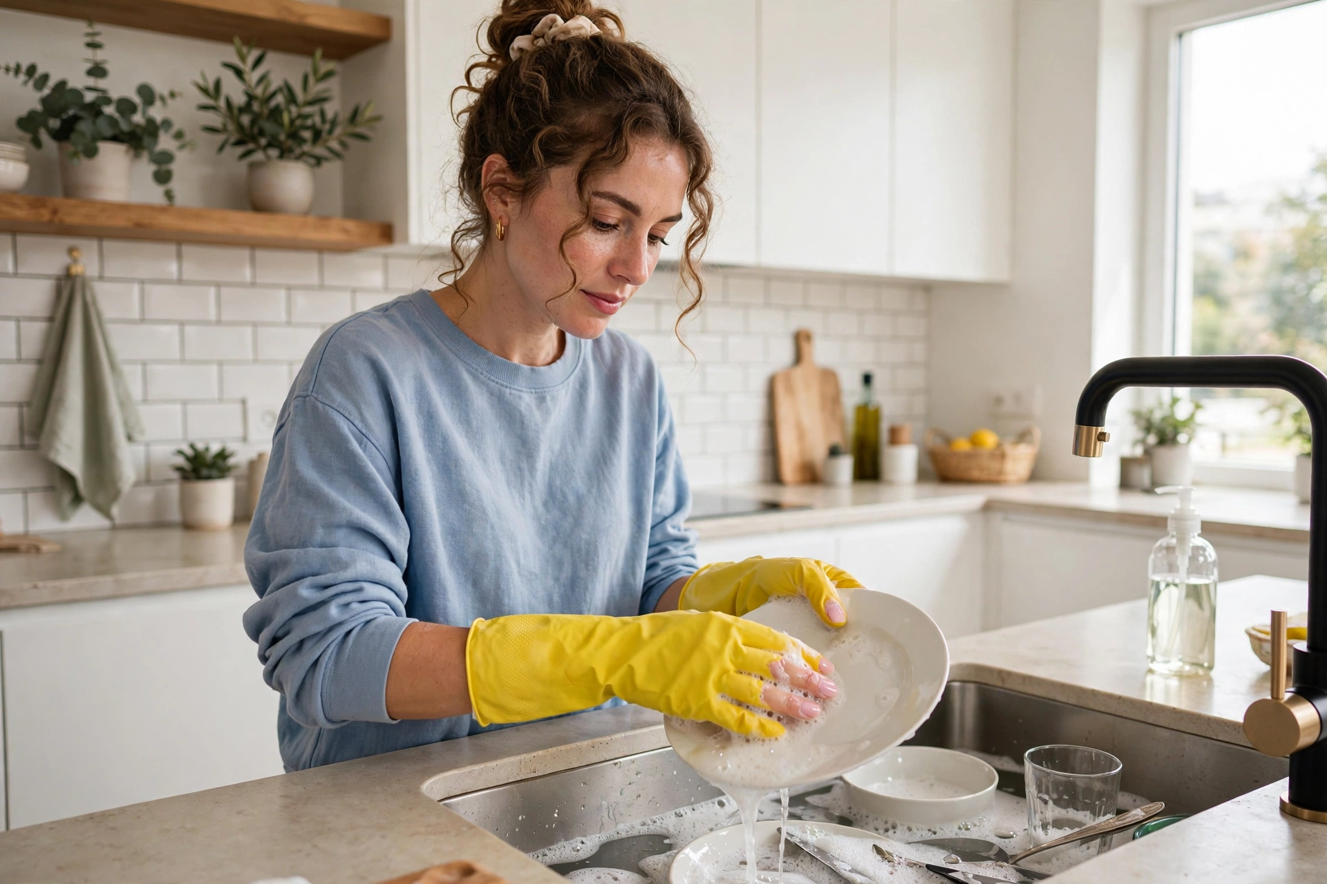 Wearing rubber gloves while doing dishes to make an at-home manicure last longer