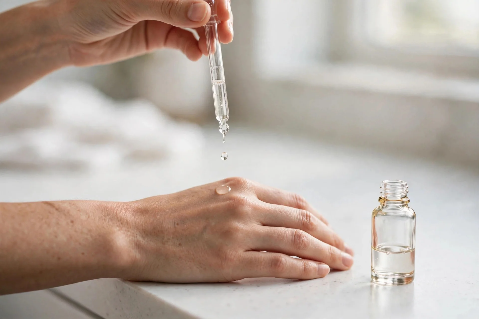 Applying serum with a dropper, a key step in the correct skincare layering order