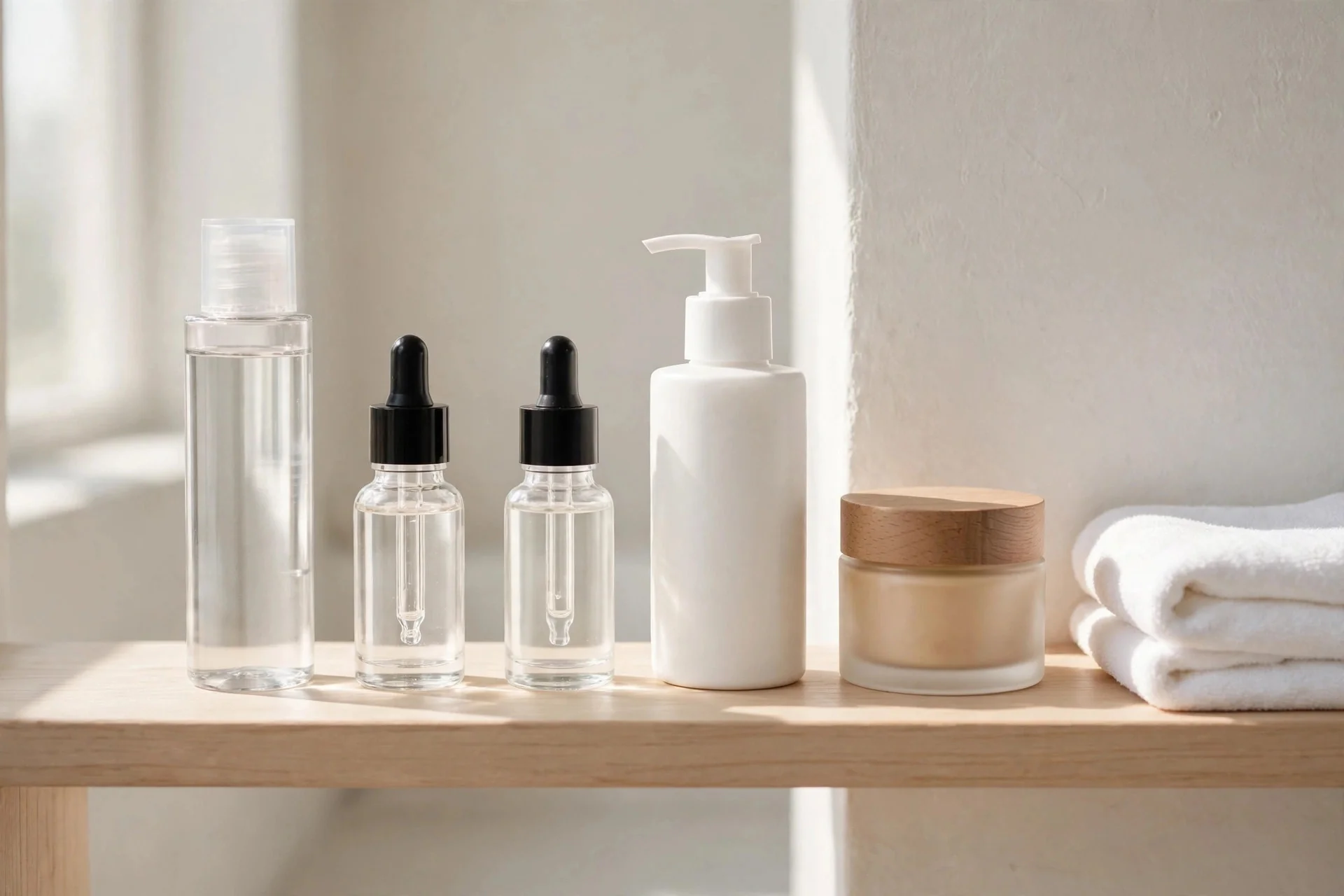 Skincare products lined up in skincare layering order on a bathroom shelf