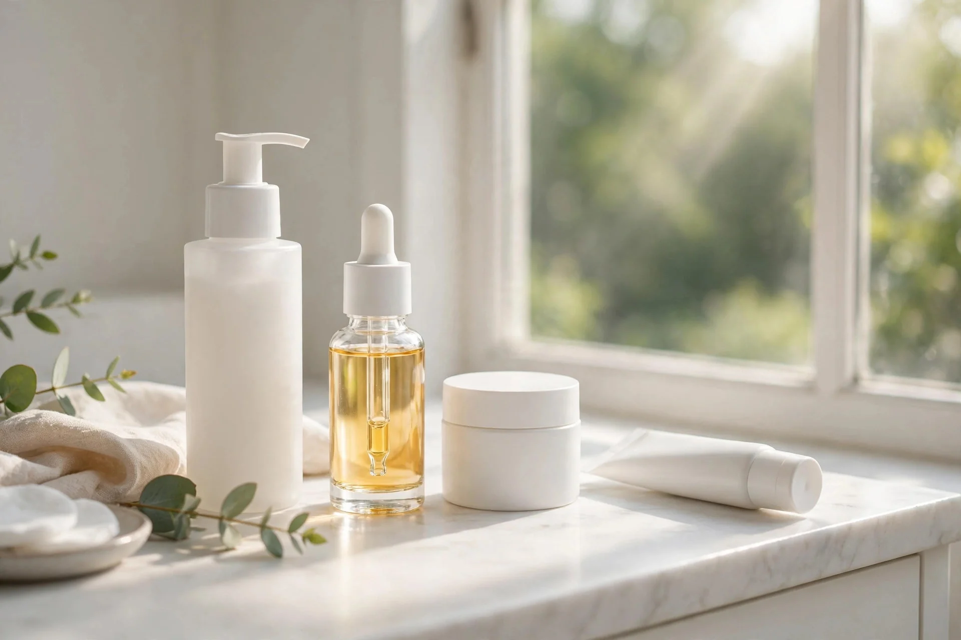 Morning skincare layering order routine arranged by a sunlit window