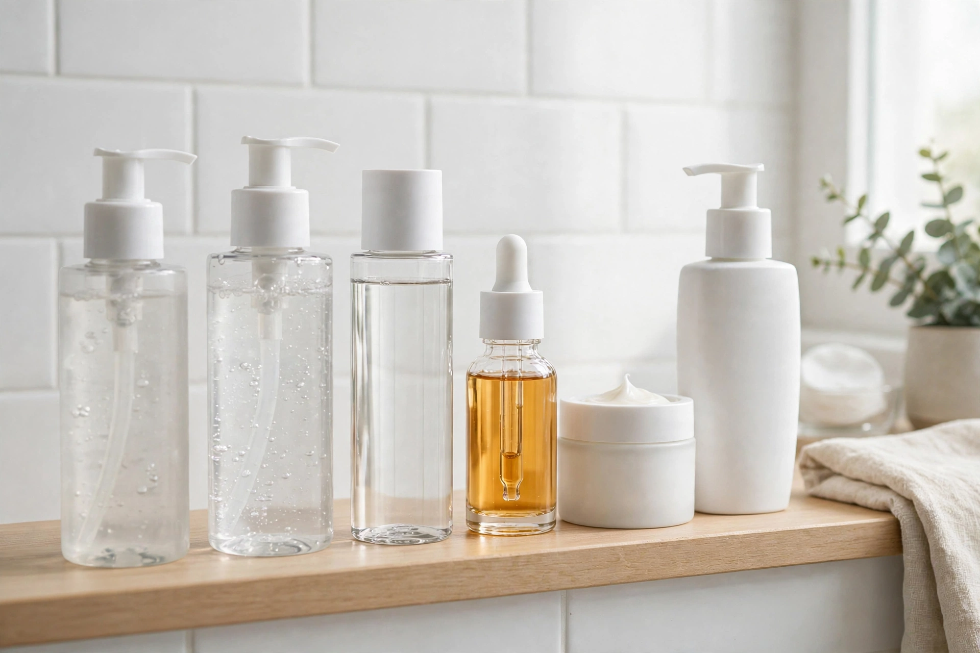 Skincare products lined up in the correct layering order on a bathroom shelf