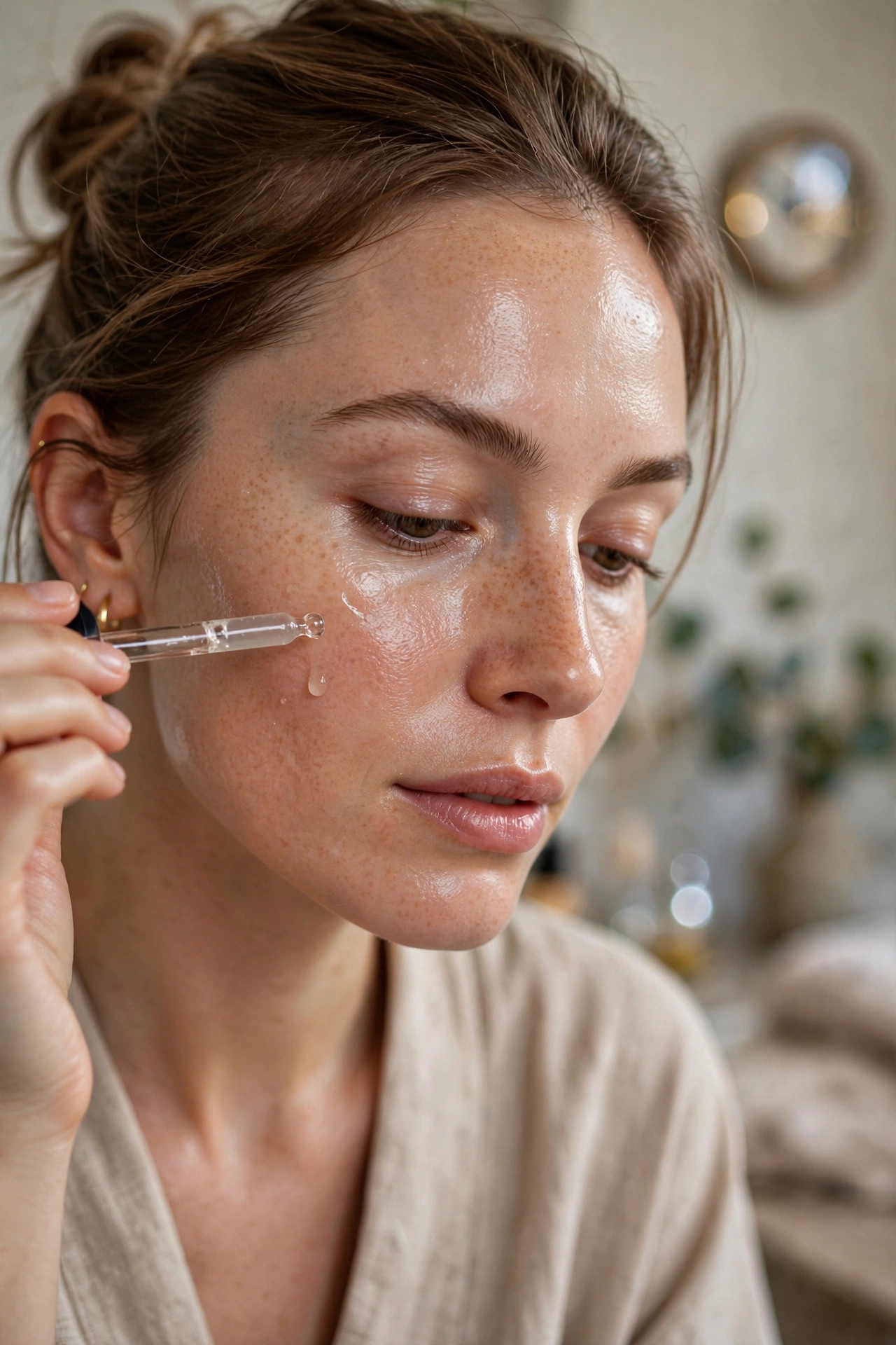 Applying face serum with a dropper while waiting between skincare layers