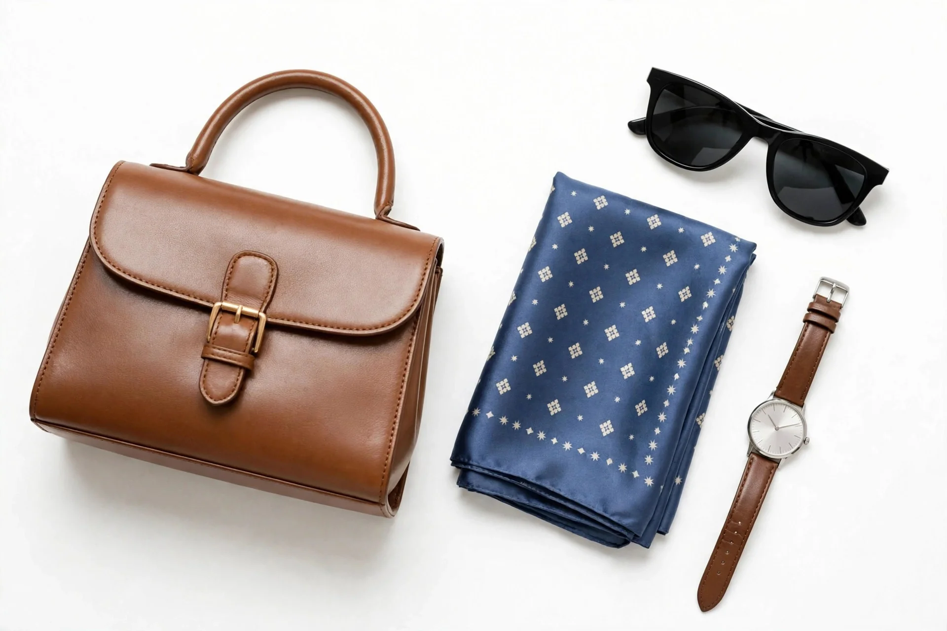 Classic accessories flat lay: structured leather handbag, wristwatch, silk scarf and sunglasses