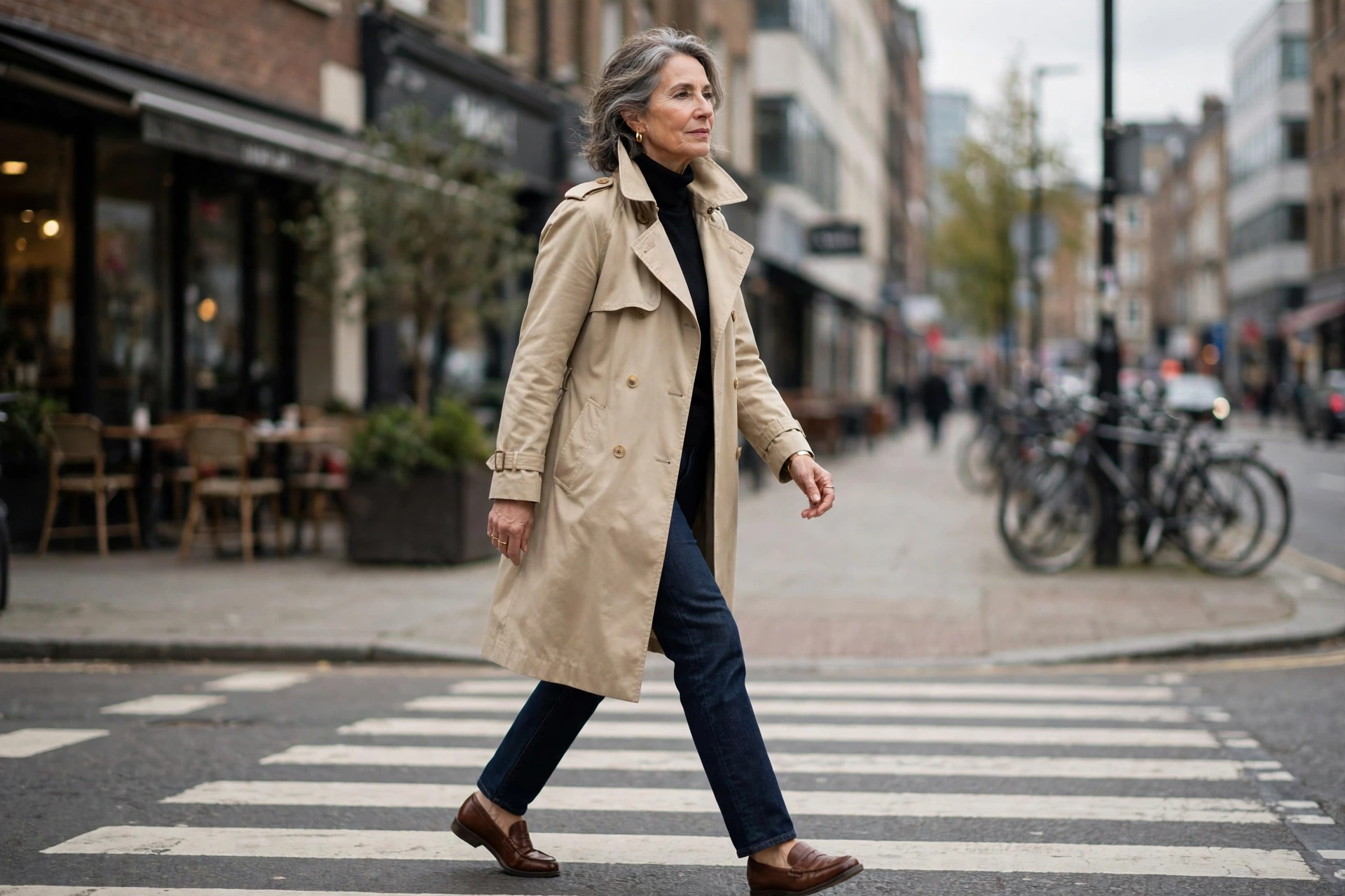 Stylish woman in her 60s in a beige trench coat crossing a city street