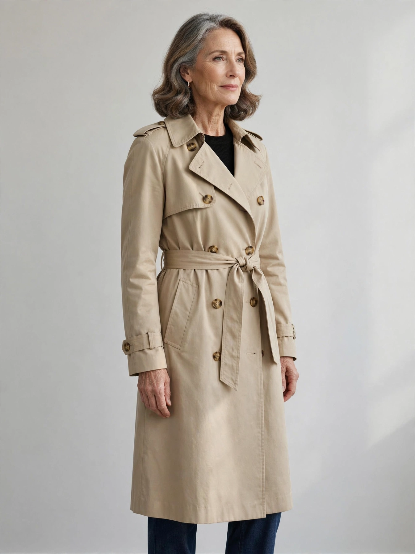 Trench coat fit details: shoulder seam, belted waist and knee-length hem