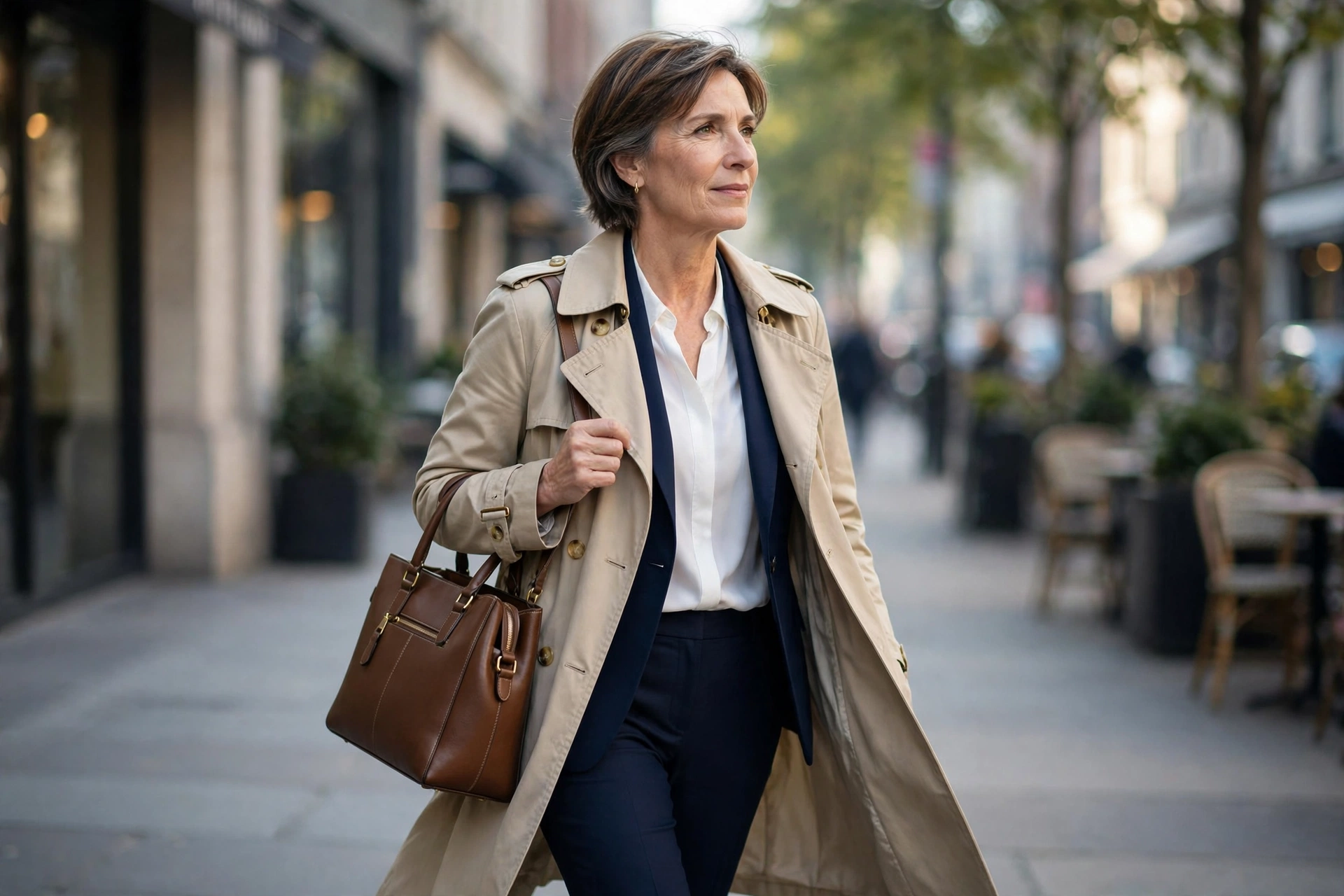 Professional woman over 50 in a trench coat over a navy blazer outfit