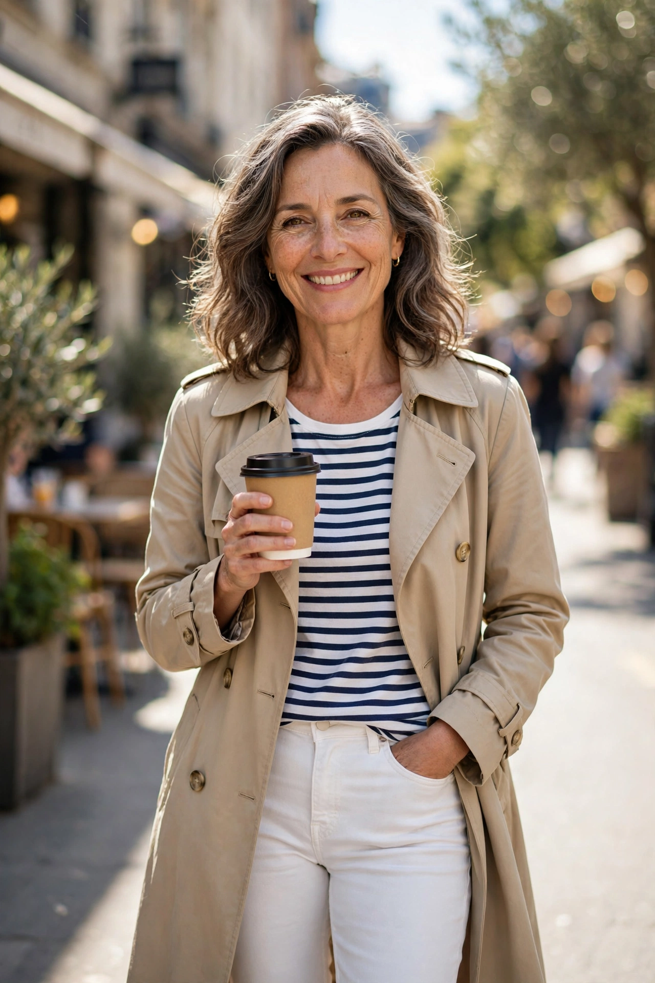 Woman in her 50s in a trench coat with jeans and sneakers on weekend