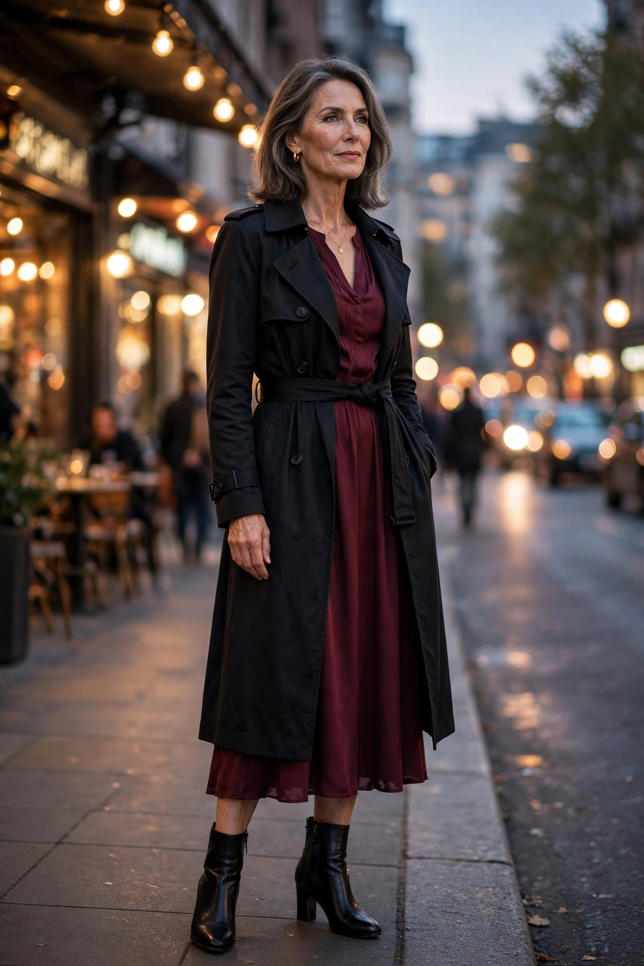 Elegant woman over 50 in a black trench coat over a burgundy dress