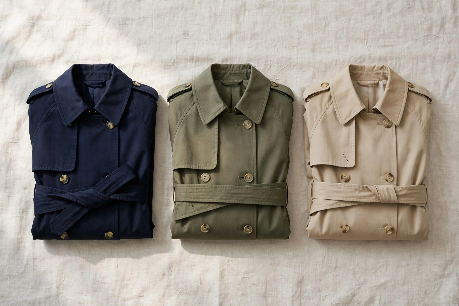 Folded trench coats in navy, olive green and classic beige colors