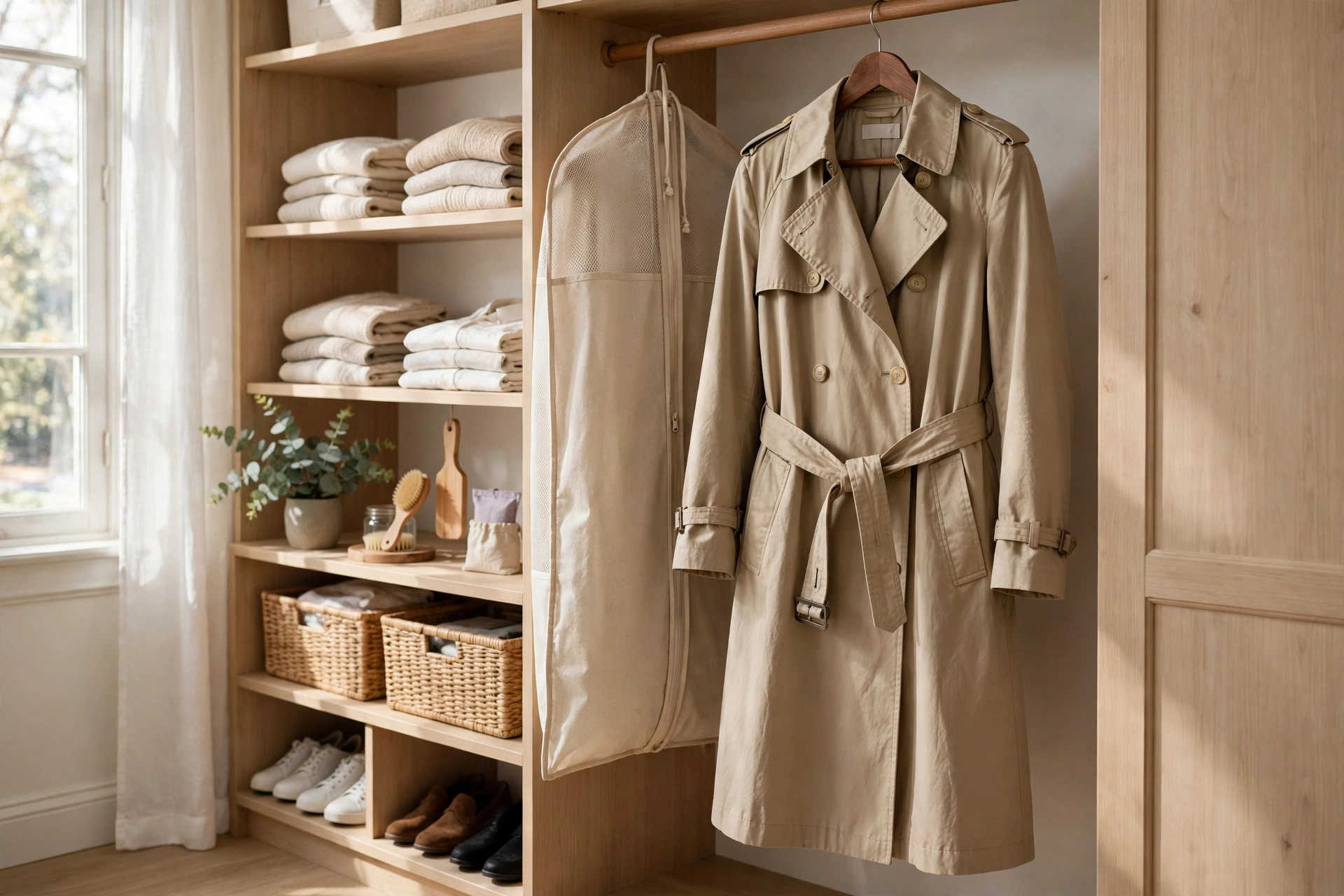 Beige trench coat on a wooden hanger in an organized bright closet