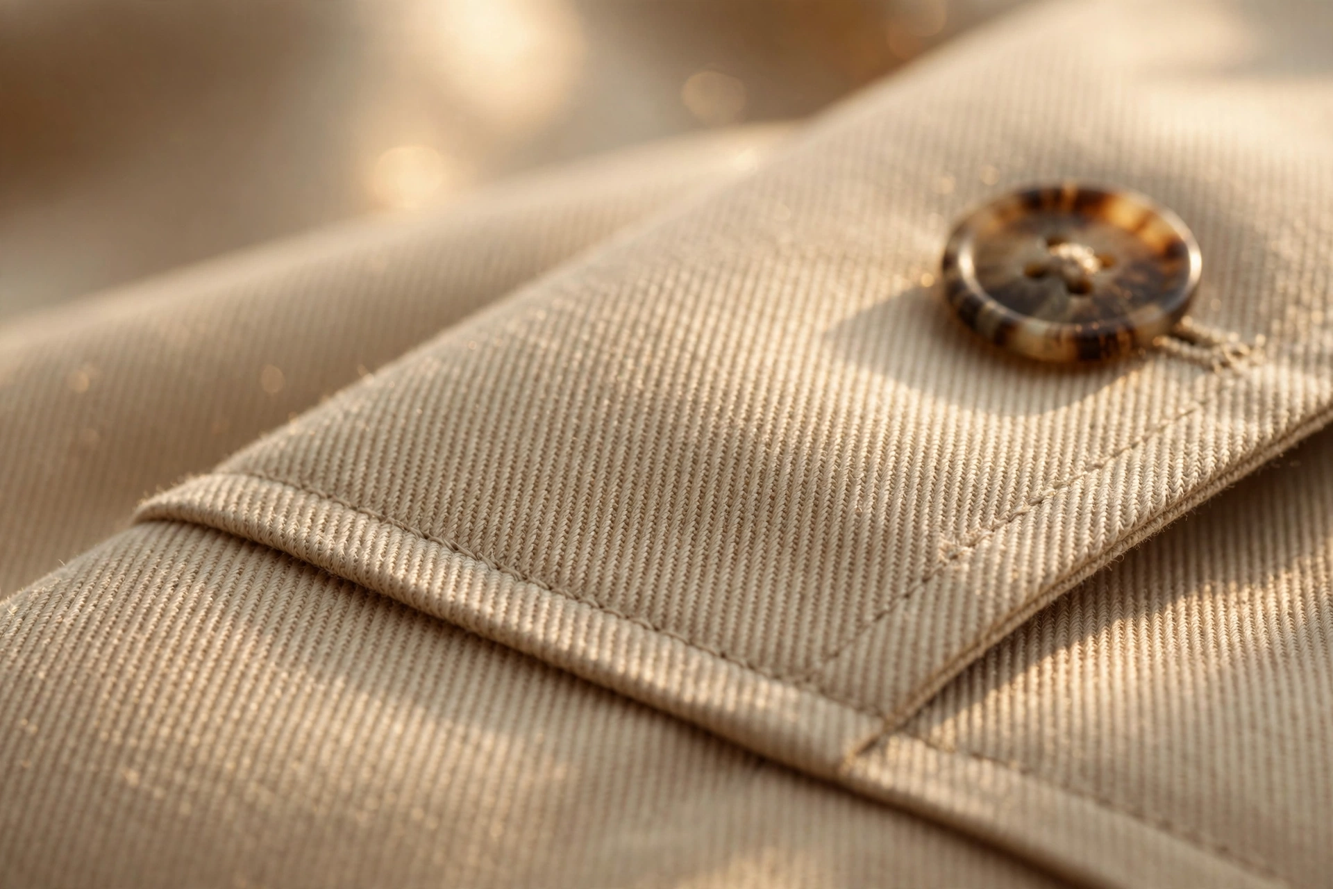 Macro close-up of beige cotton gabardine trench coat fabric weave