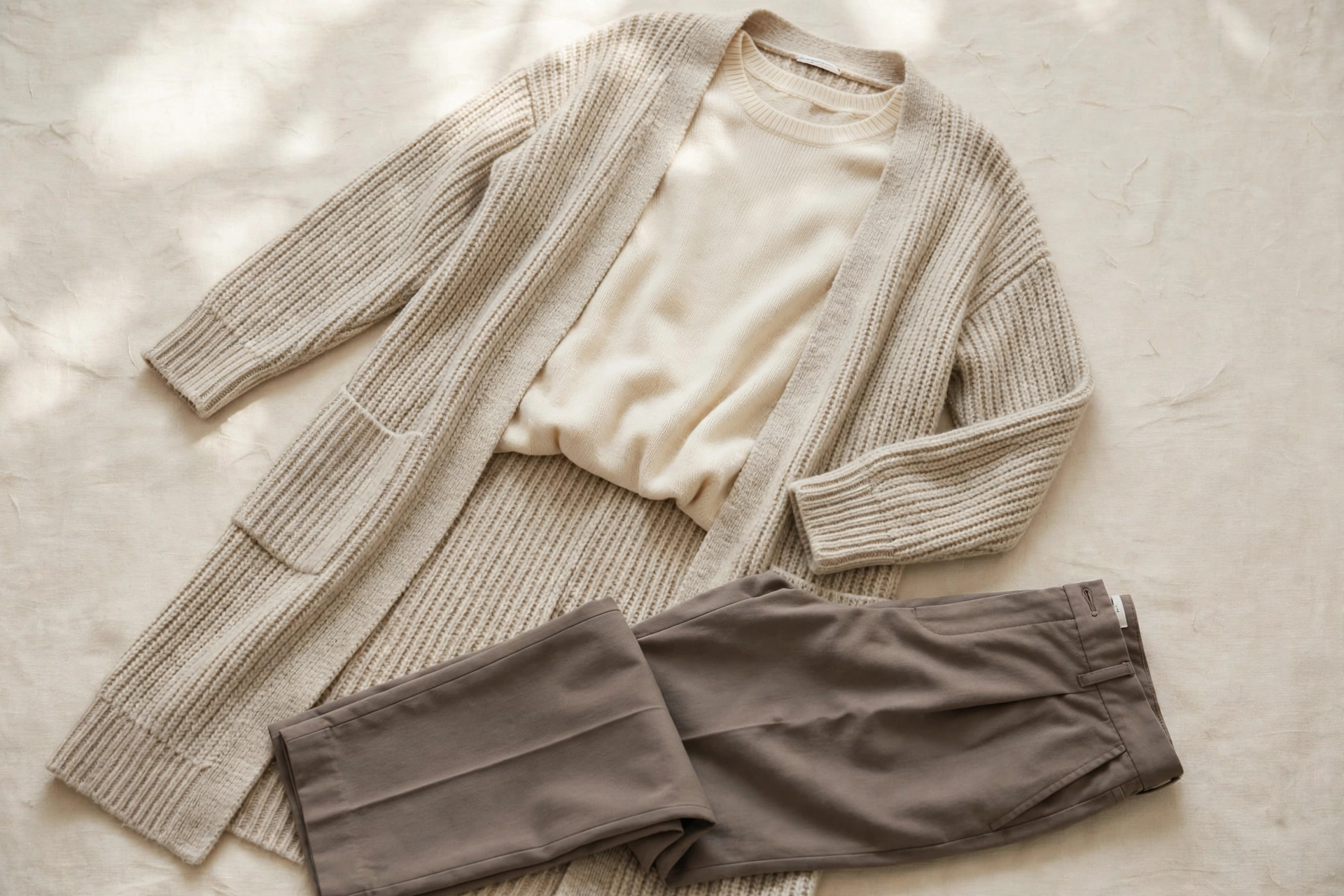 Open-front longline cardigan over a tonal knit top and trousers — tummy-flattering outfit for women over 50