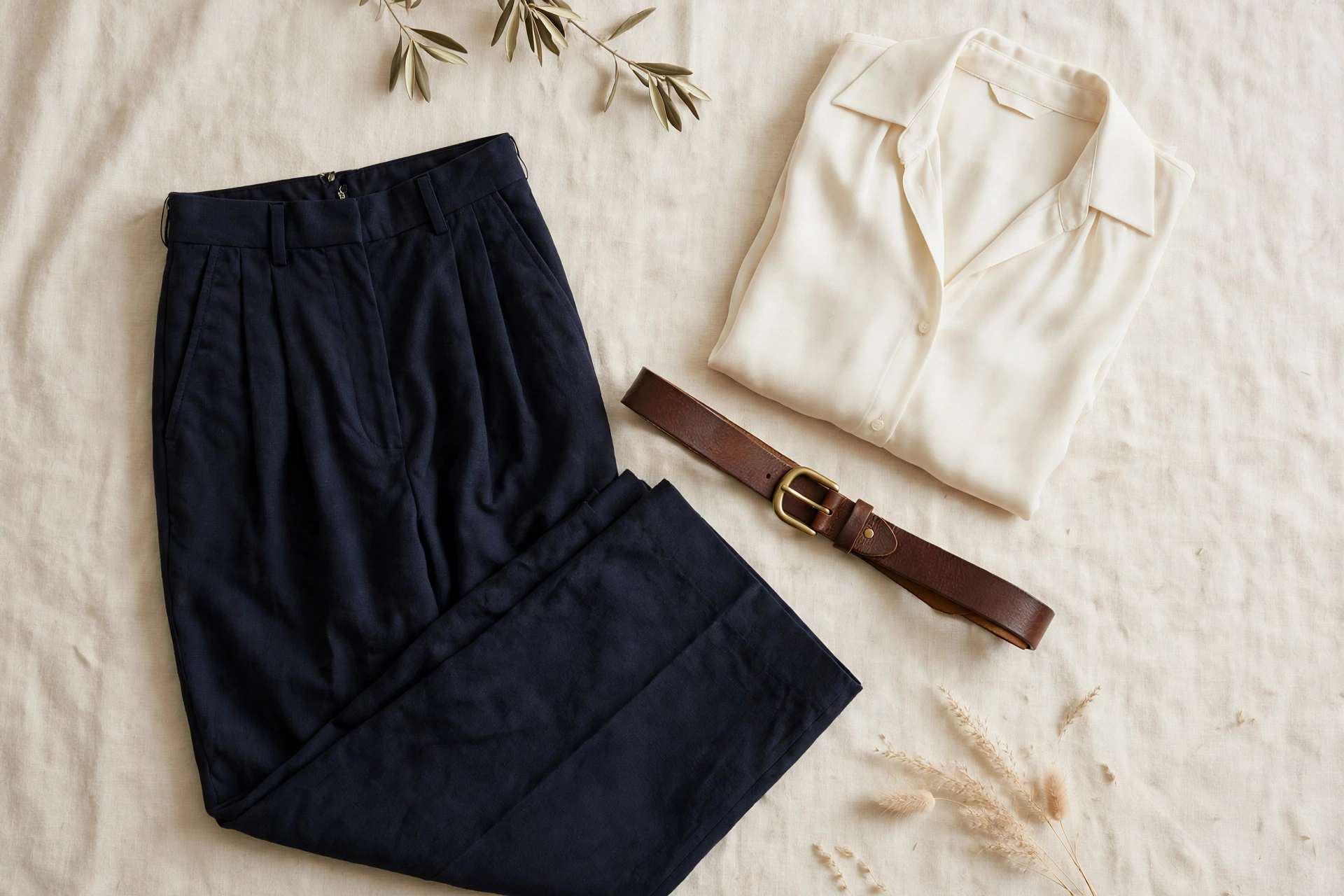 High-rise wide-leg trousers with a fluid tucked blouse — tummy-flattering outfit for women over 50