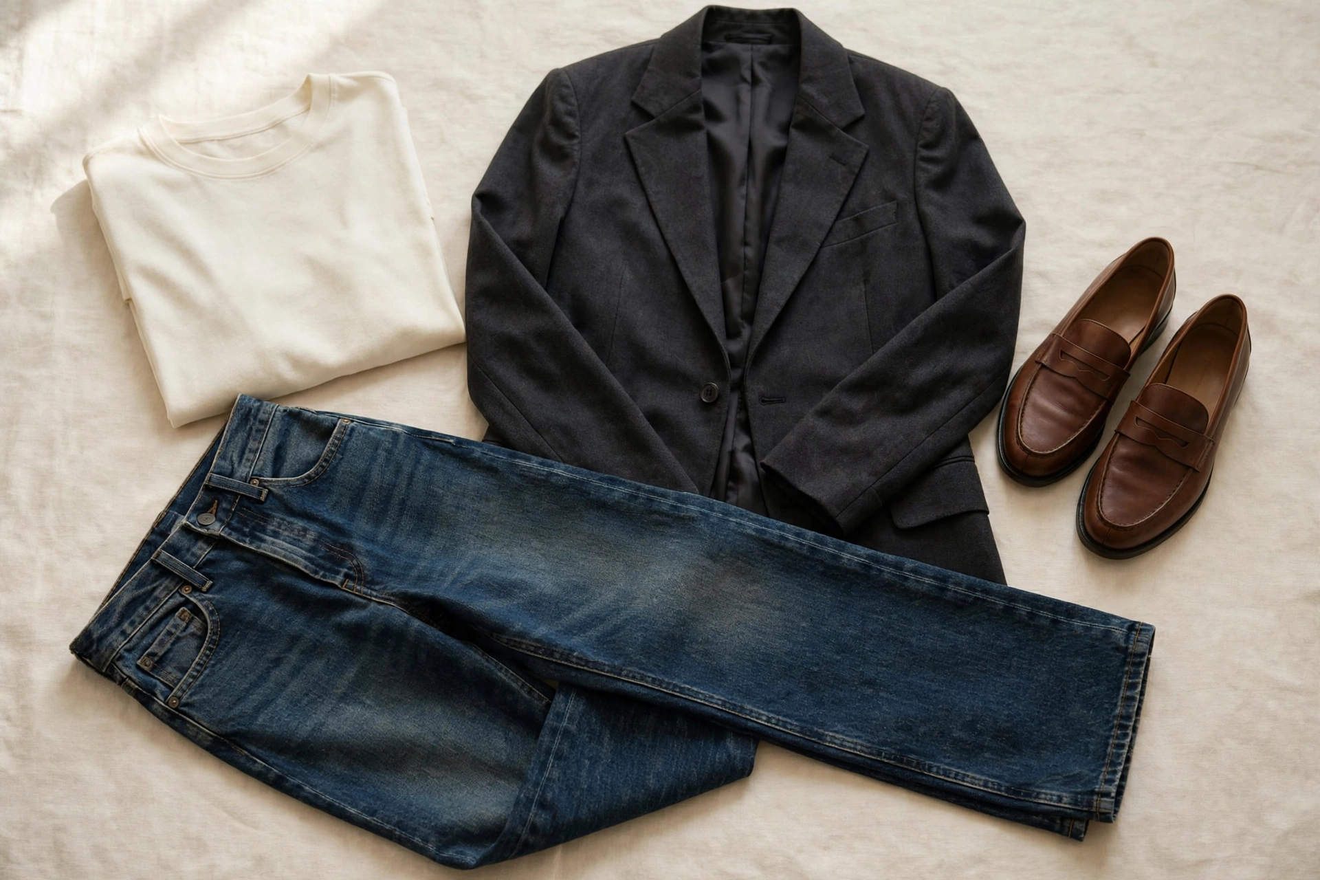 Open charcoal blazer over dark-wash jeans — polished outfit for women over 50