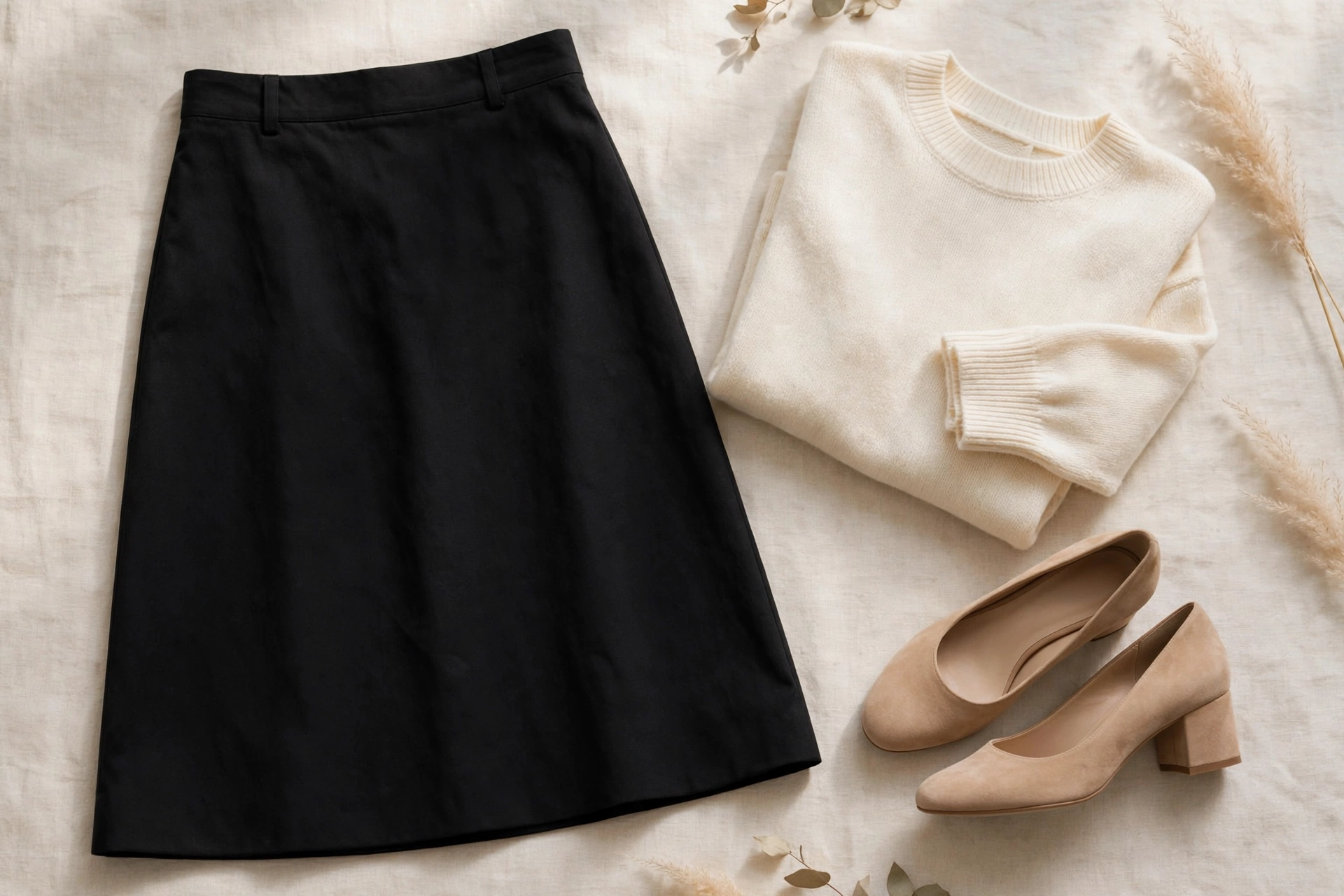 Knee-length A-line skirt with fitted knit top — classic outfit for women over 50