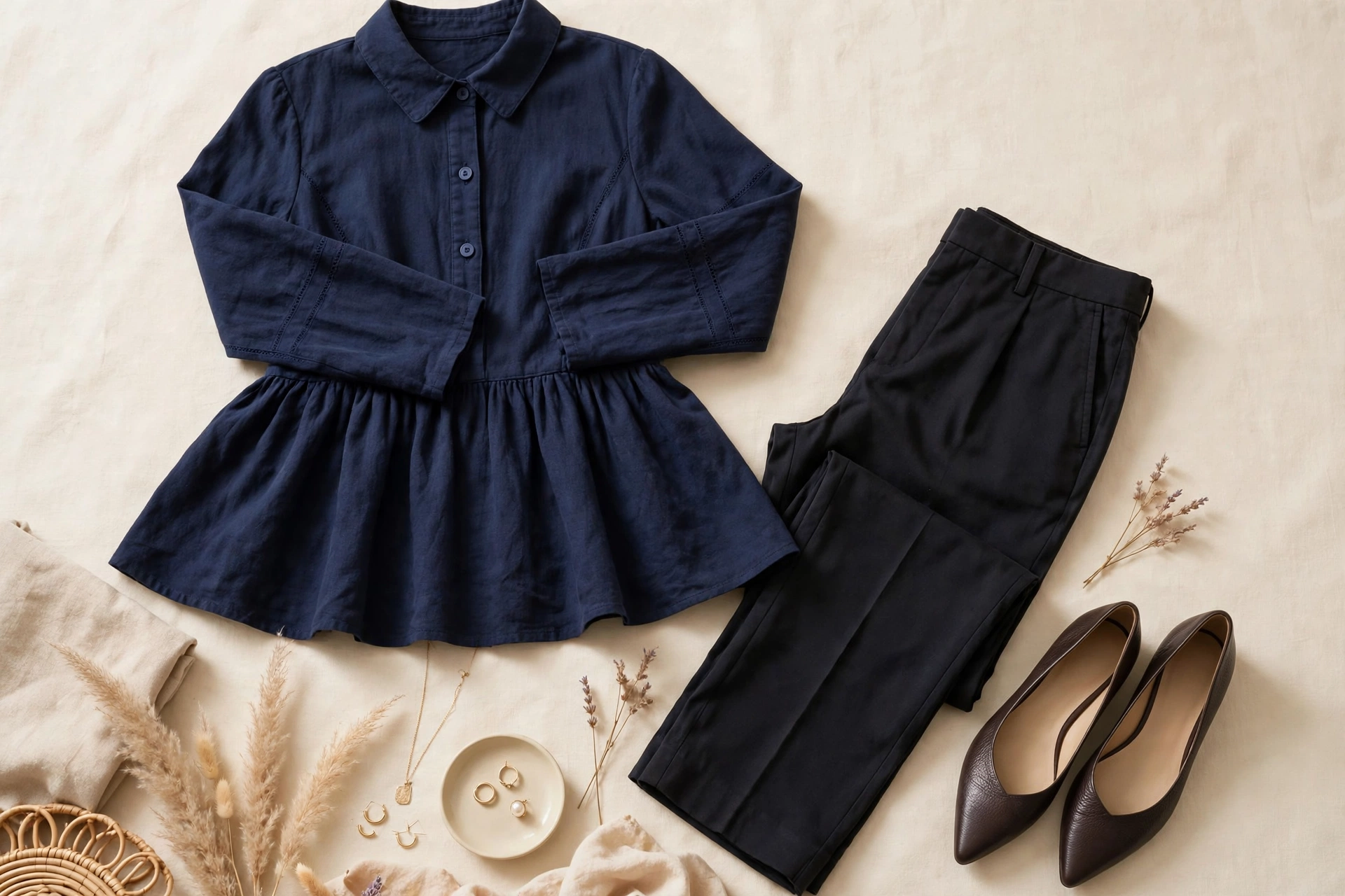 Navy peplum top with dark straight trousers — tummy-flattering outfit for women over 50