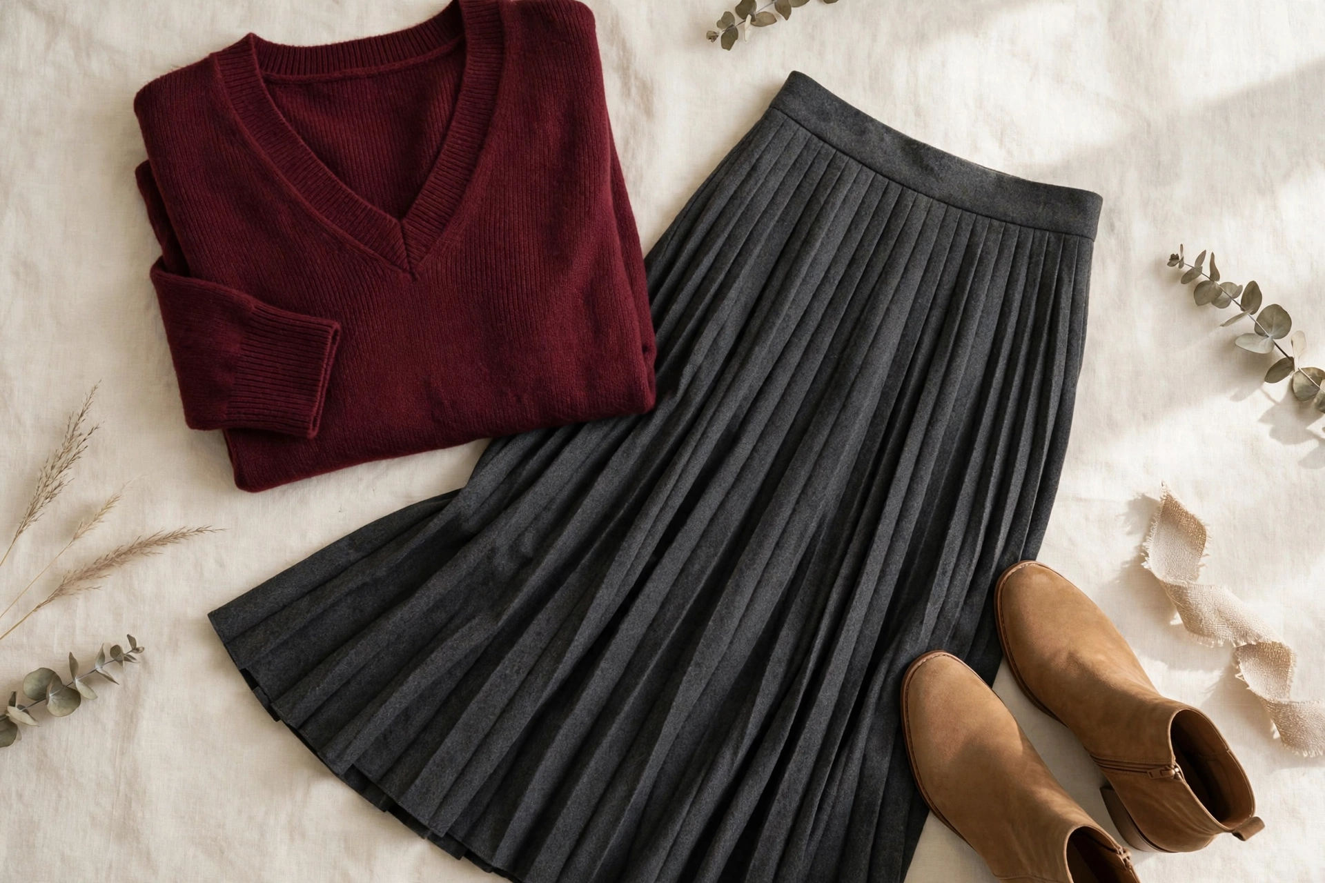 V-neck sweater with pleated midi skirt and ankle boots — outfit for women over 50