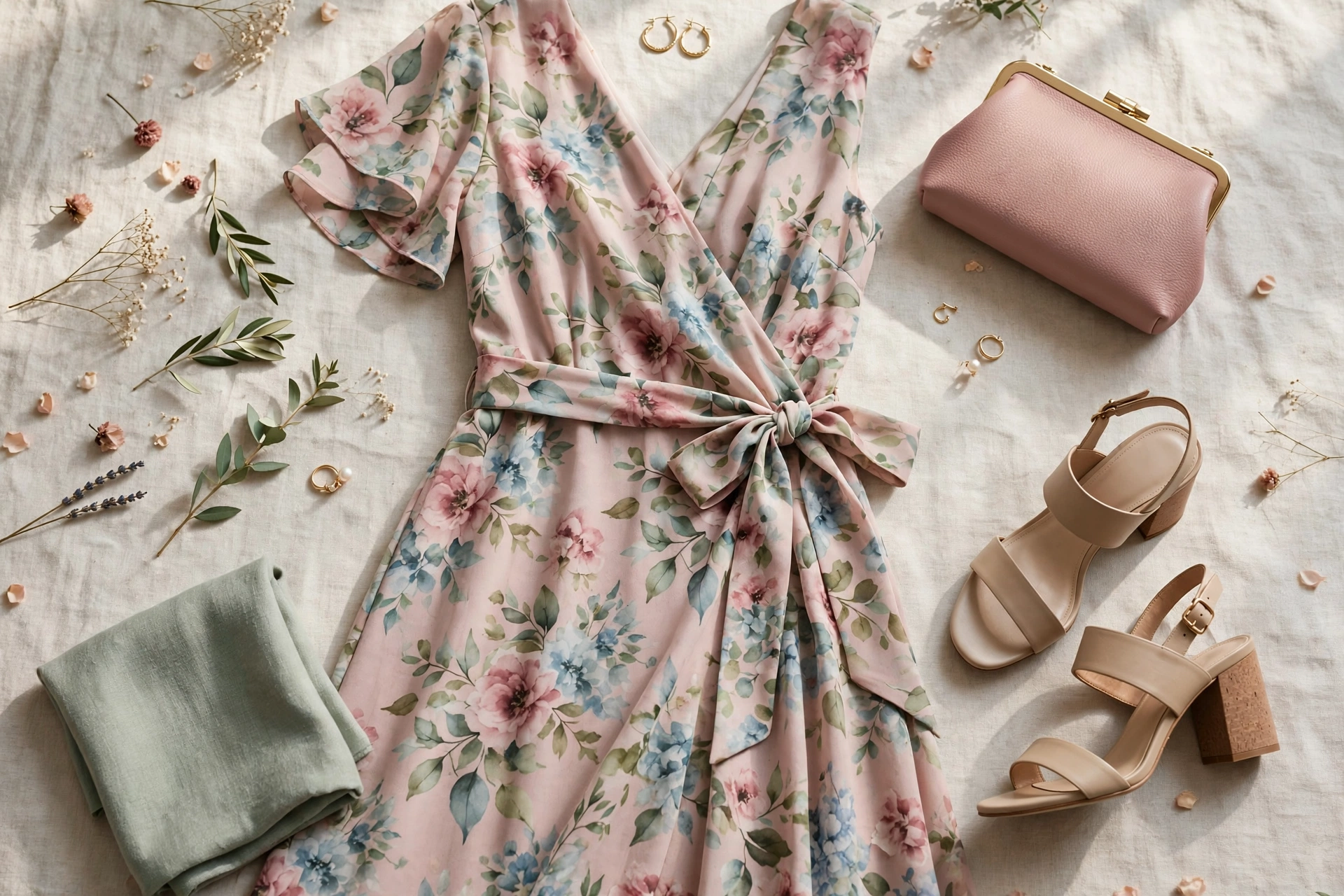 Floral midi wrap dress in dusty rose and sage with block heels and clutch — a fresh garden wedding look for women over 50