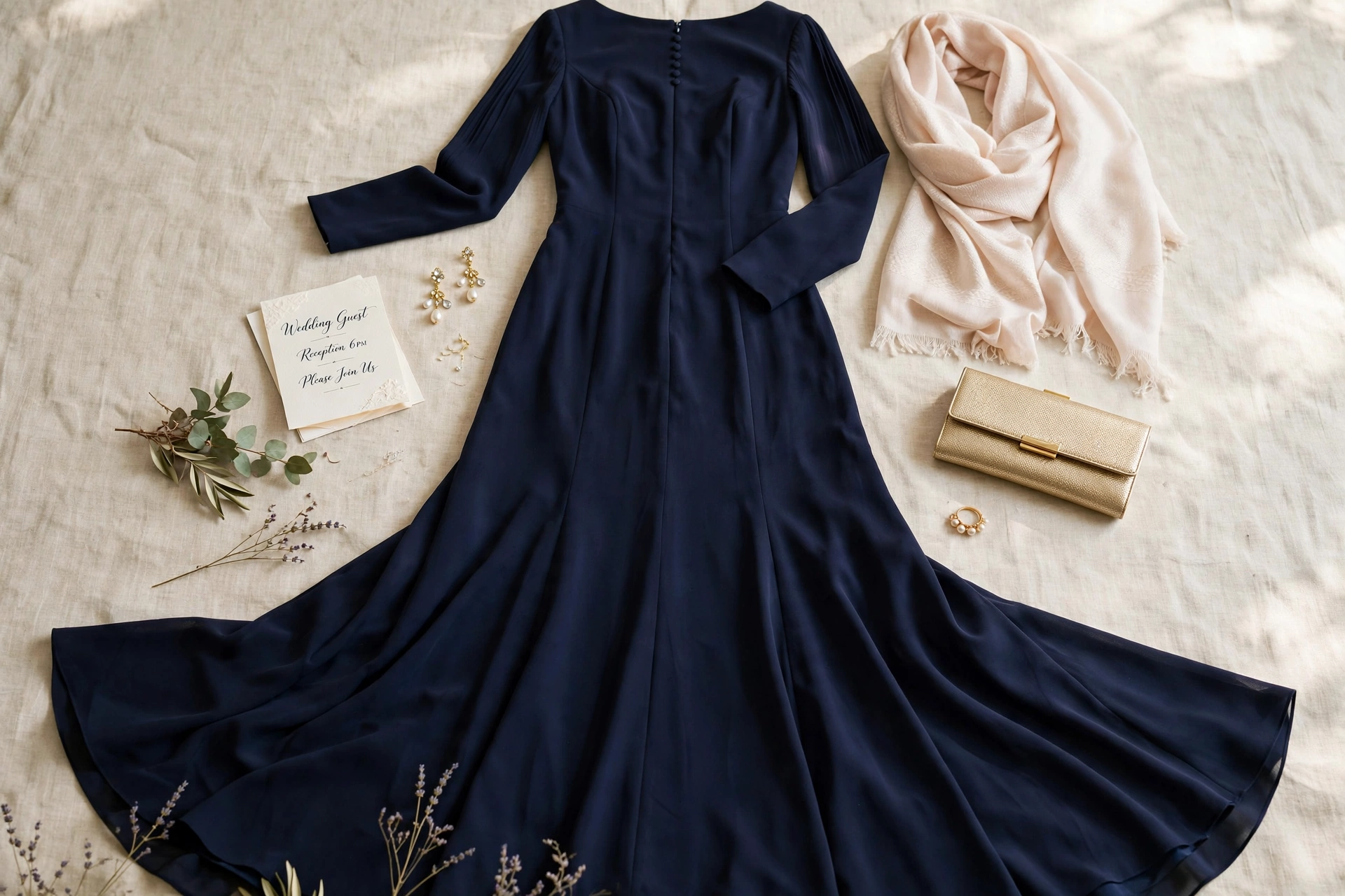 Deep navy floor-length crepe gown with drop earrings, slim clutch and shawl — formal wedding guest look for women over 50
