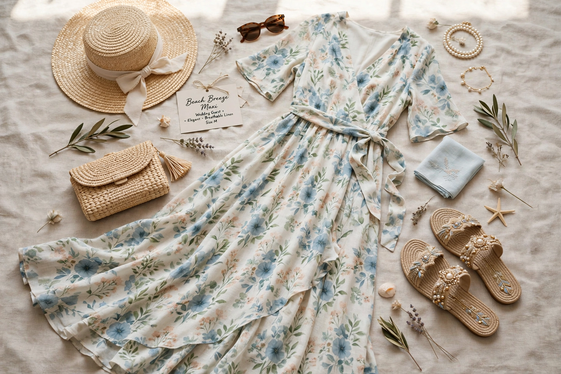 Flowing printed maxi dress with embellished sandals and wide-brim hat — beach wedding guest outfit for women over 50
