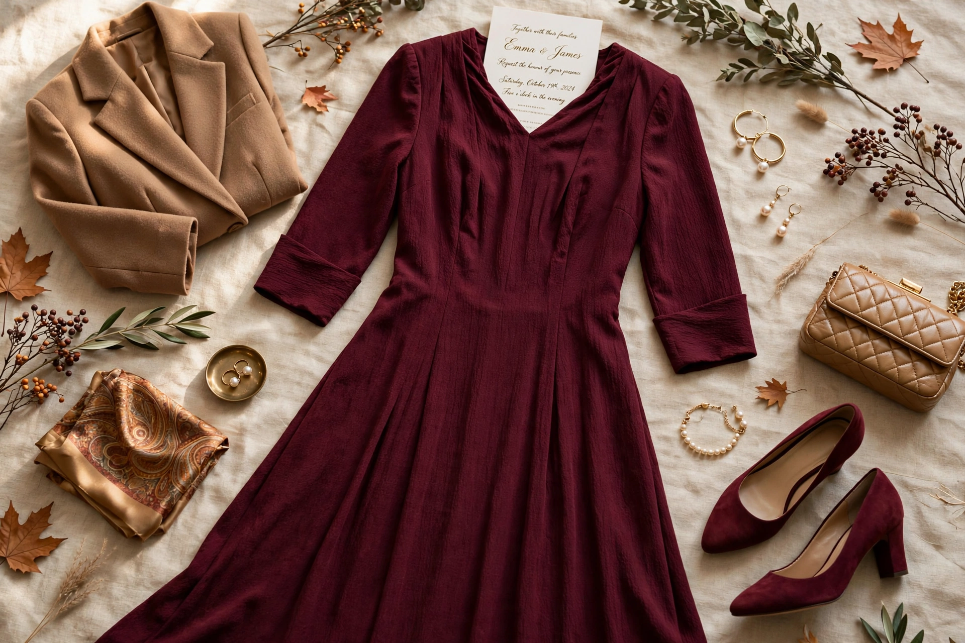 Burgundy jewel-tone midi dress with three-quarter sleeves, closed-toe heels and tailored blazer — fall wedding guest outfit