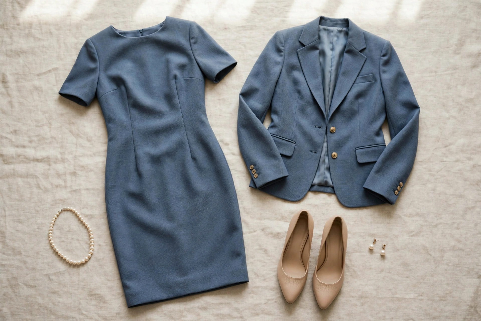 Flat-lay of a slate blue sheath dress with matching jacket, pumps, and pearls — a polished church wedding look for women over 50
