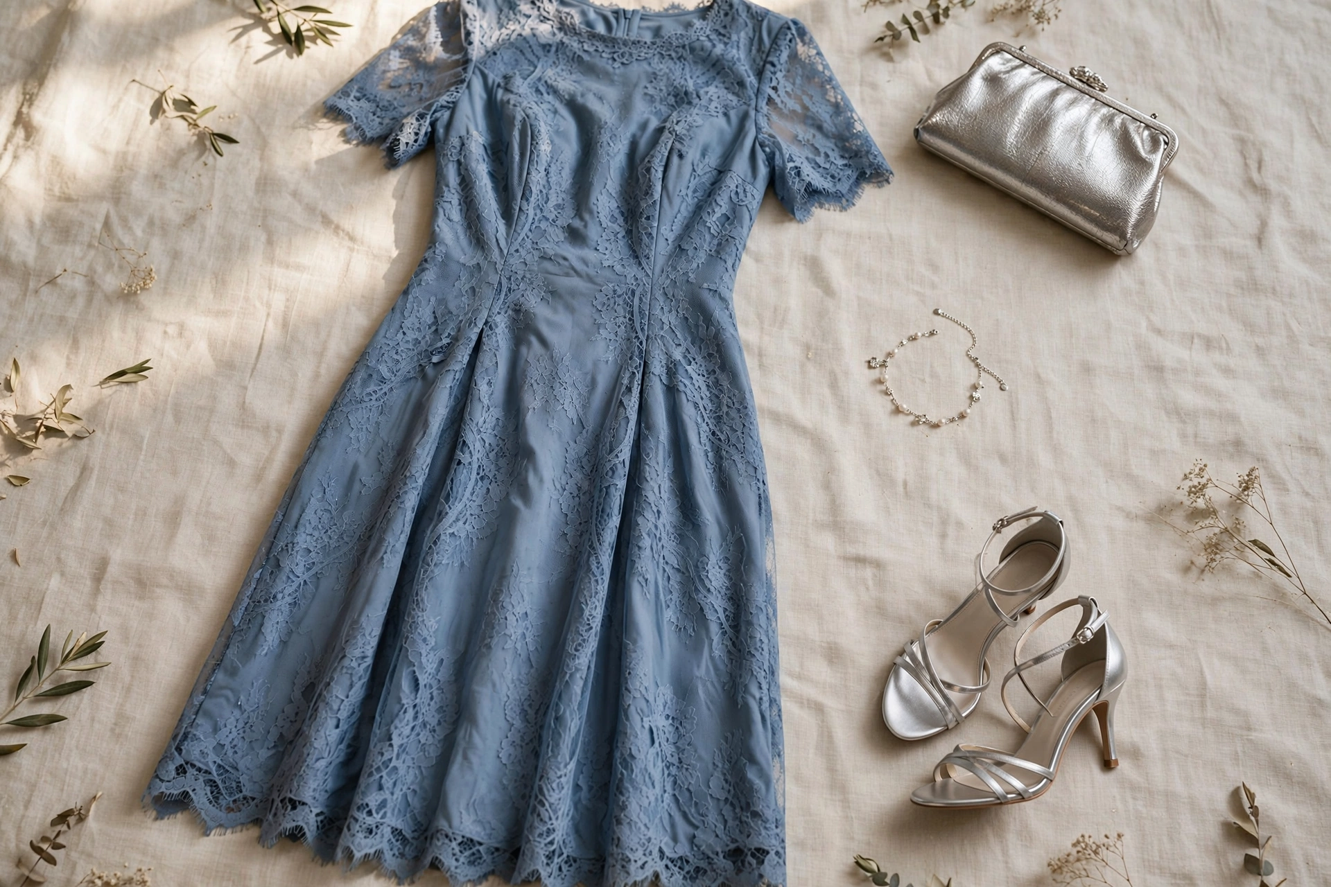 Flat-lay of a dusty blue lace-overlay dress, strappy heels, and metallic clutch — a festive cocktail wedding look for women over 50