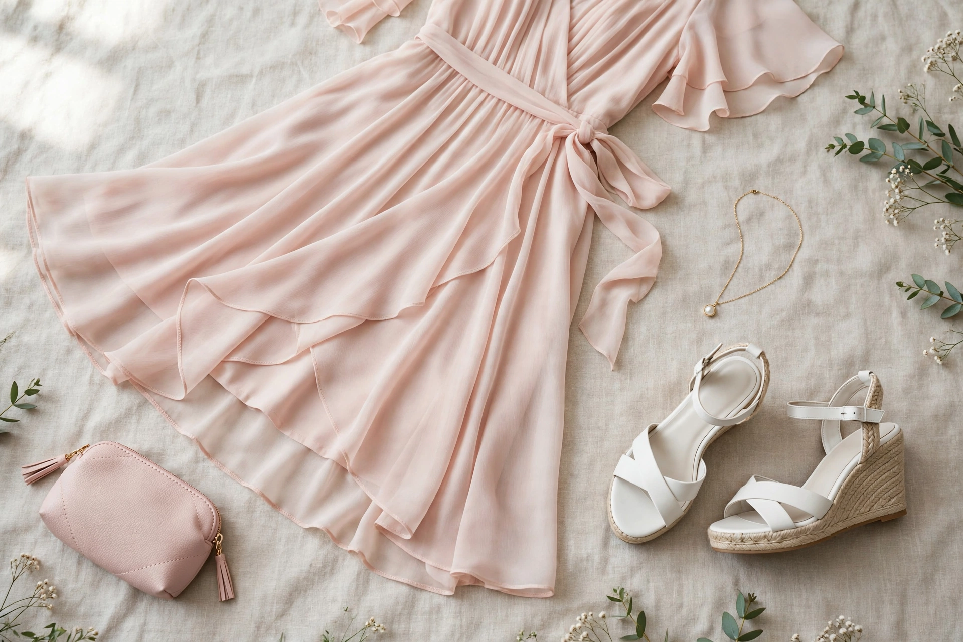 Flat-lay of a blush pastel chiffon dress with wedge sandals, wristlet, and pendant — a breezy summer wedding look for women over 50