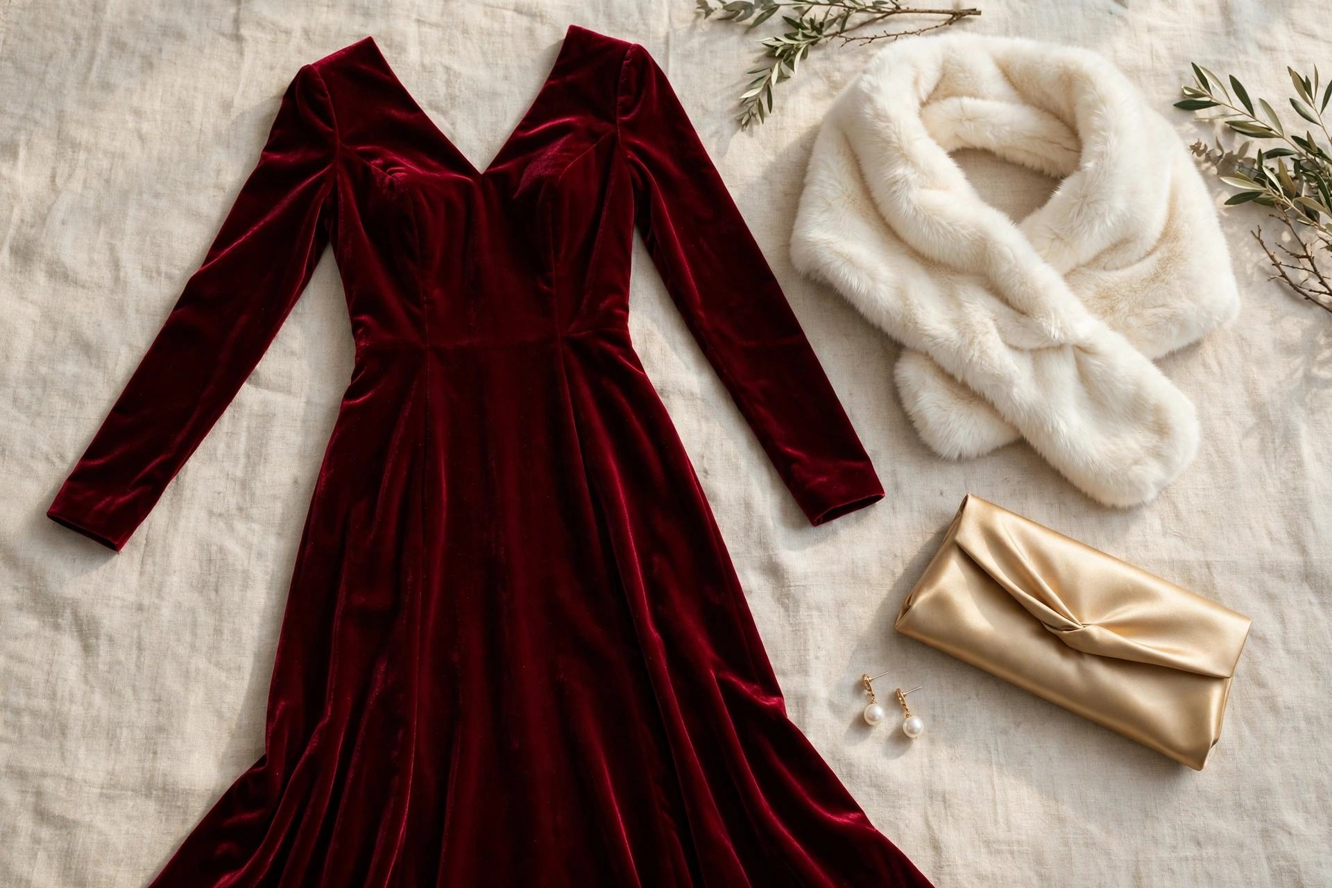 Flat-lay of a deep ruby velvet long-sleeve gown, faux-fur stole, and gold clutch — an elegant winter wedding look for women over 50