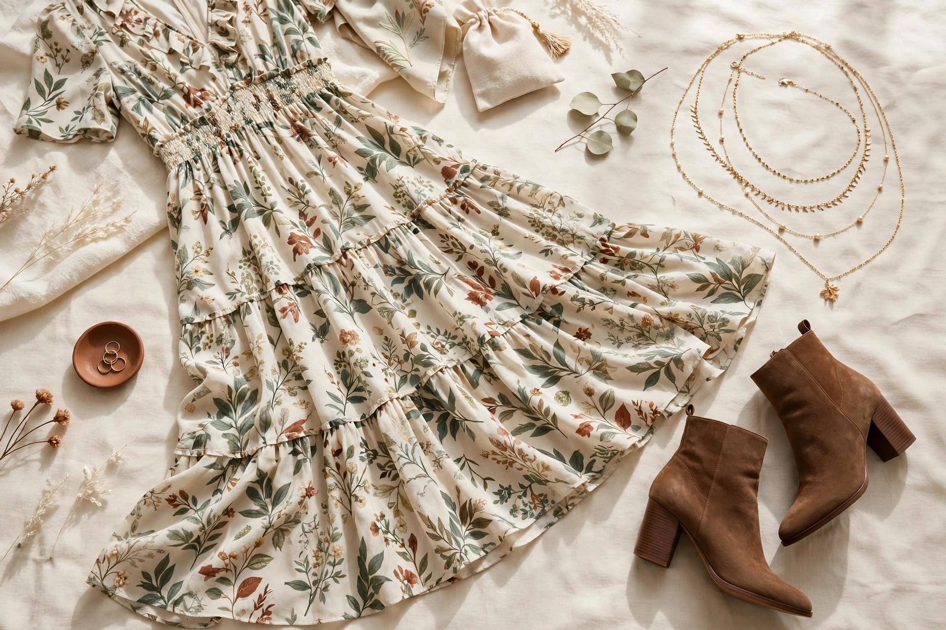 Botanical-print tiered midi dress with heeled ankle boots and layered necklaces — a boho wedding guest look for women over 50