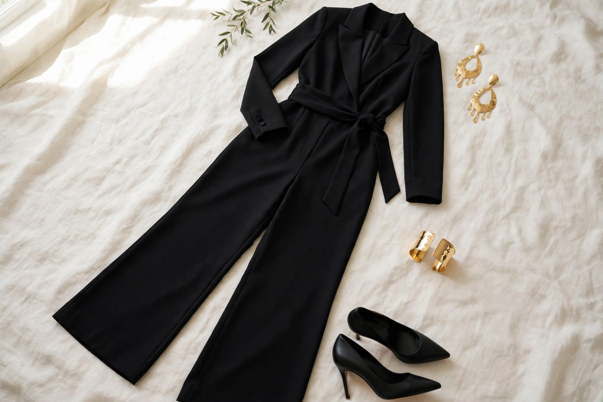 Black tailored wide-leg jumpsuit styled with gold statement earrings, cuff bracelet and heels — wedding guest outfit for women over 50