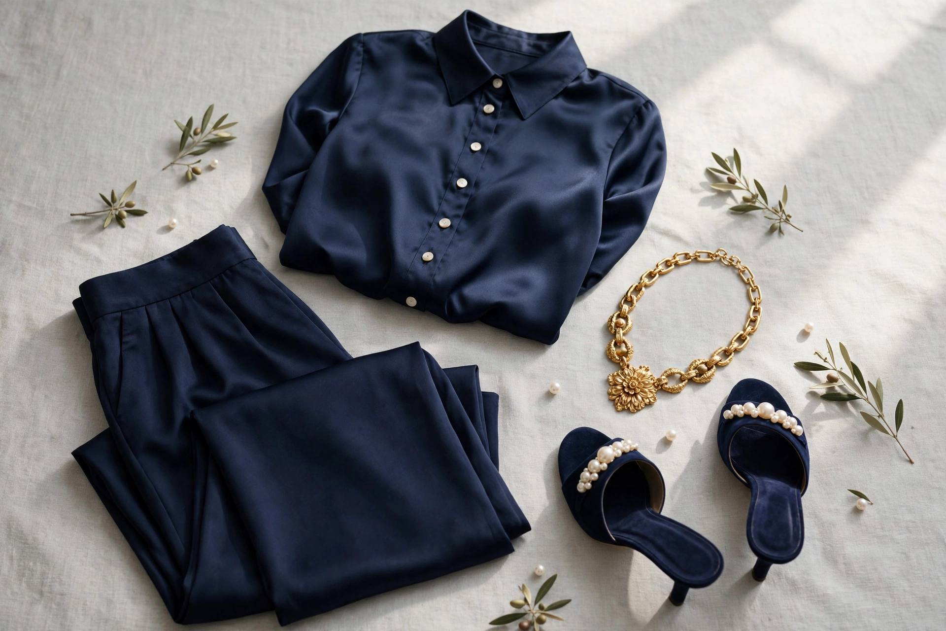 Navy silk blouse with matching navy palazzo pants, pearl-topped heeled mules and a gold necklace — monochrome look for women over 50