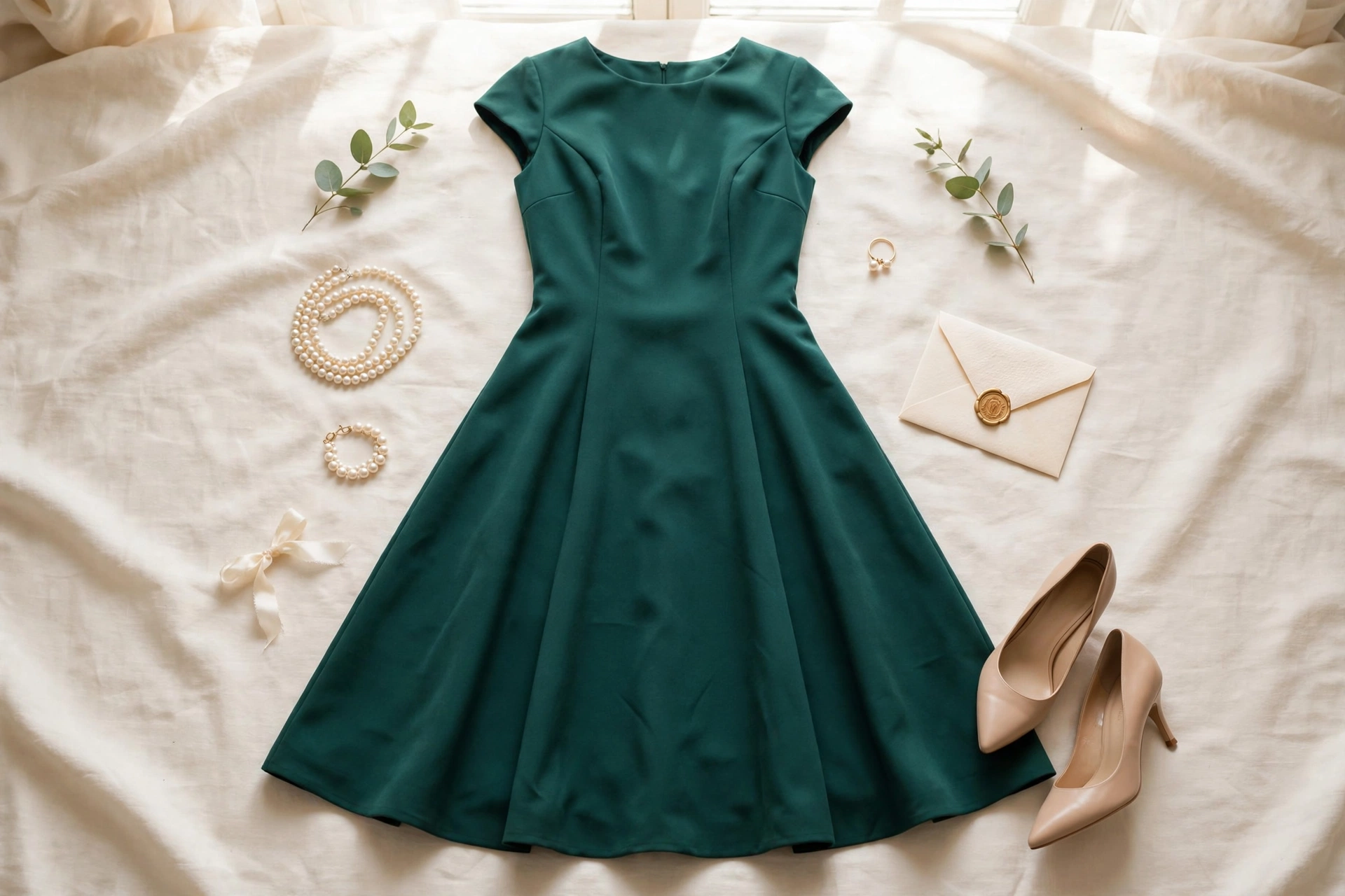 Emerald green tea-length A-line dress with pearls and nude pumps — timeless wedding guest style for women over 50