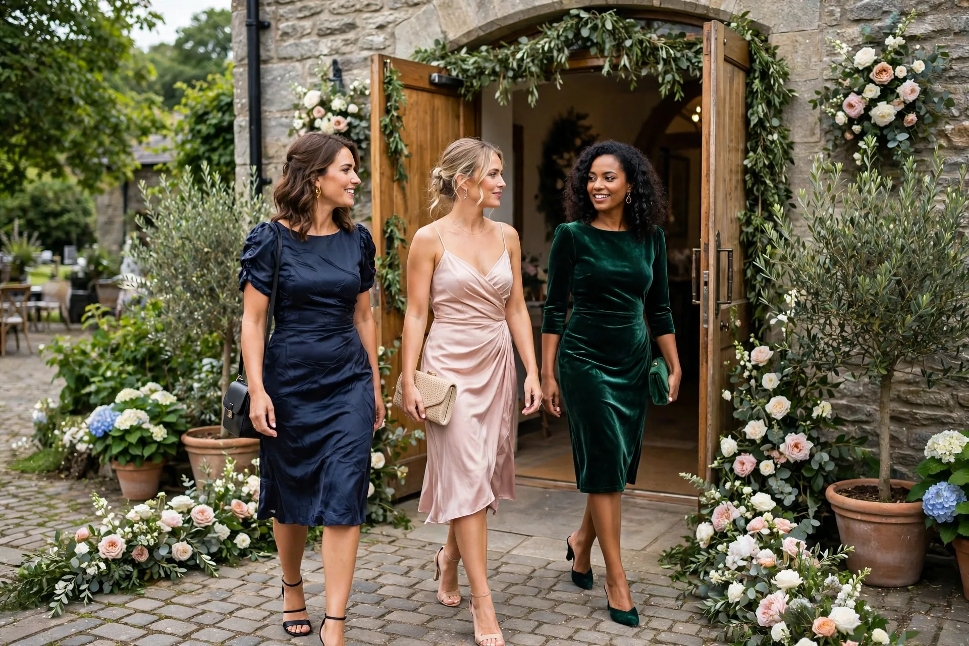 Women in formal dresses arriving at an elegant wedding venue