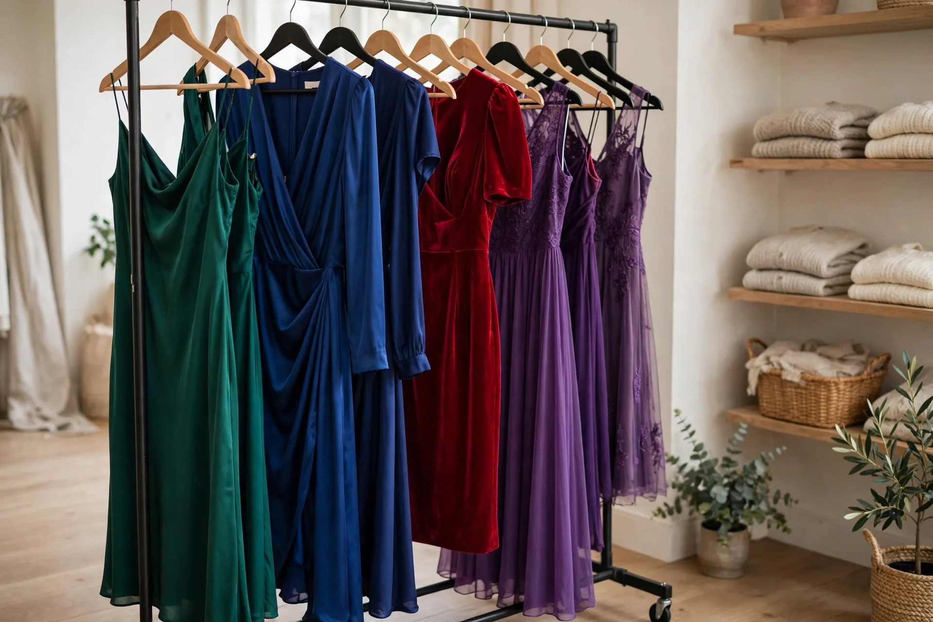 Rail of colorful dresses in jewel tones and rich colors