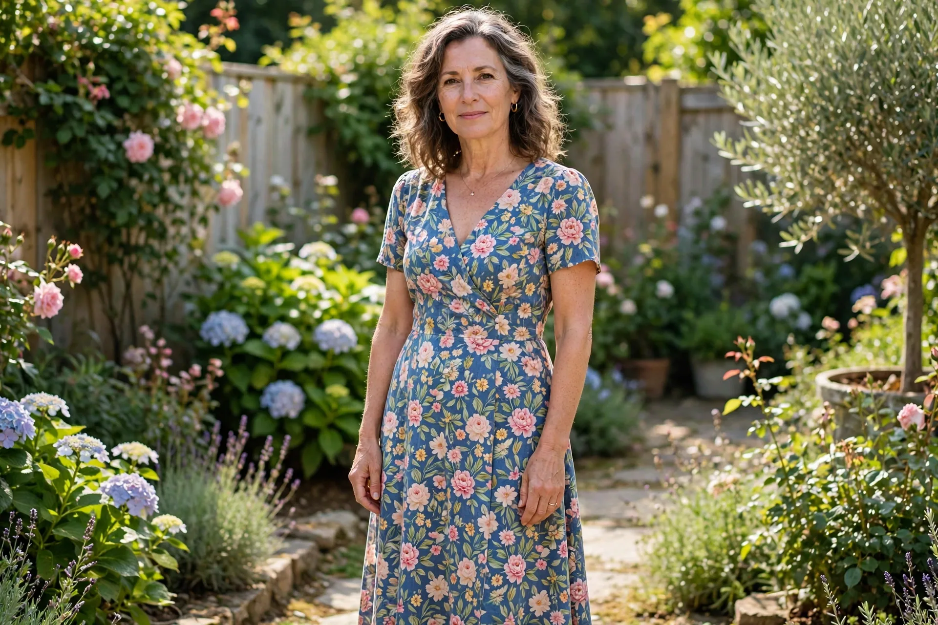 Woman in a floral midi dress at a summer outdoor wedding