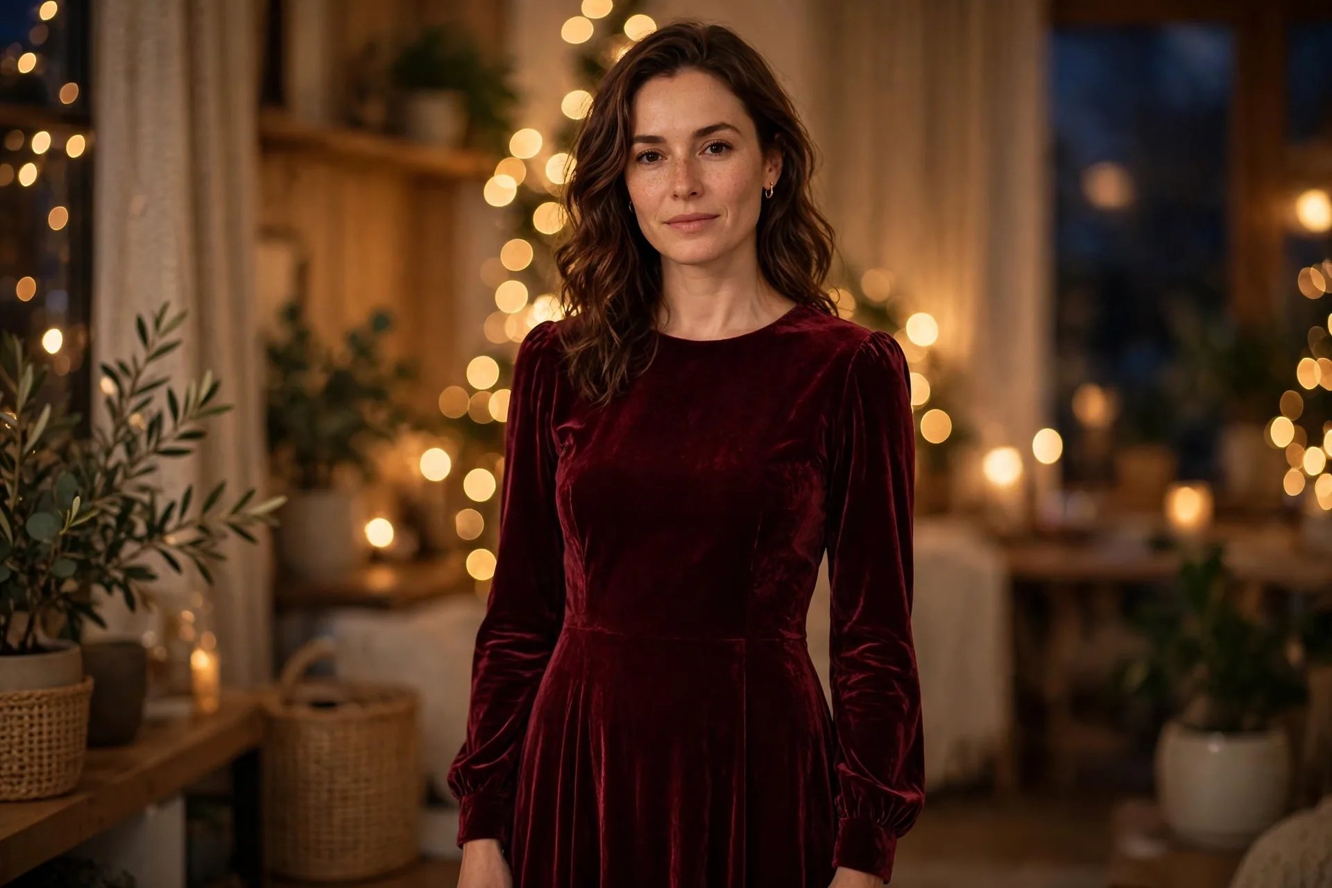 Woman in an elegant long-sleeved evening gown