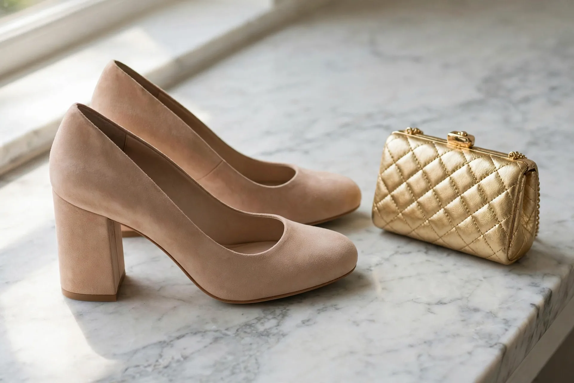 Elegant heeled shoes and a small clutch bag