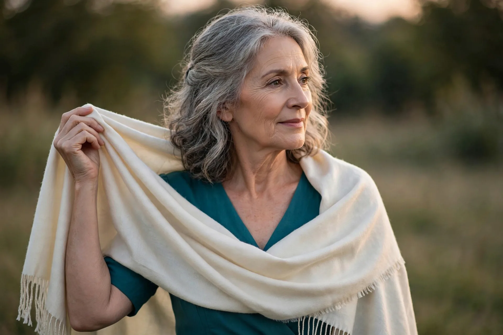 Woman draping an elegant shawl over her shoulders