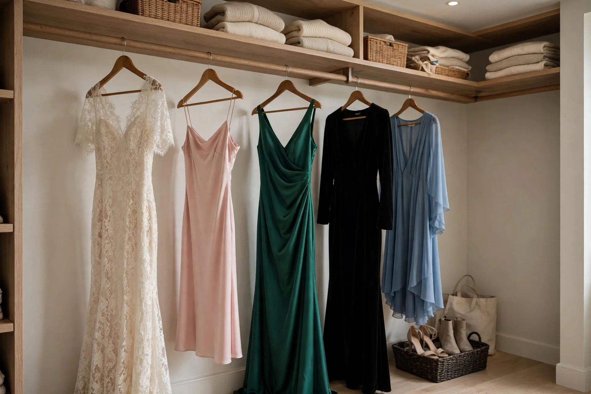 Dresses neatly arranged on a closet rail