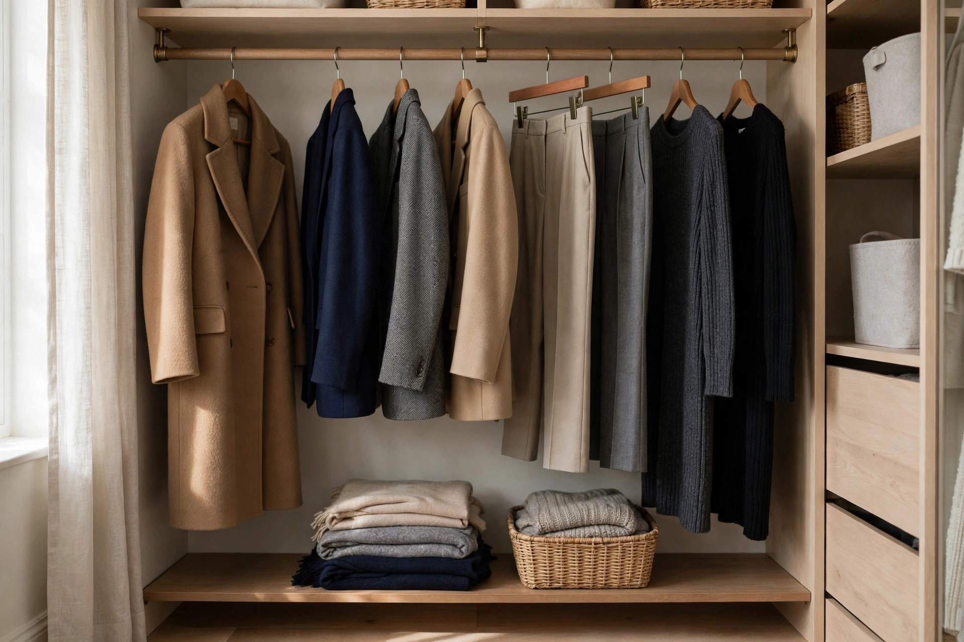 Curated winter work capsule wardrobe rail in neutral tones for a mature woman