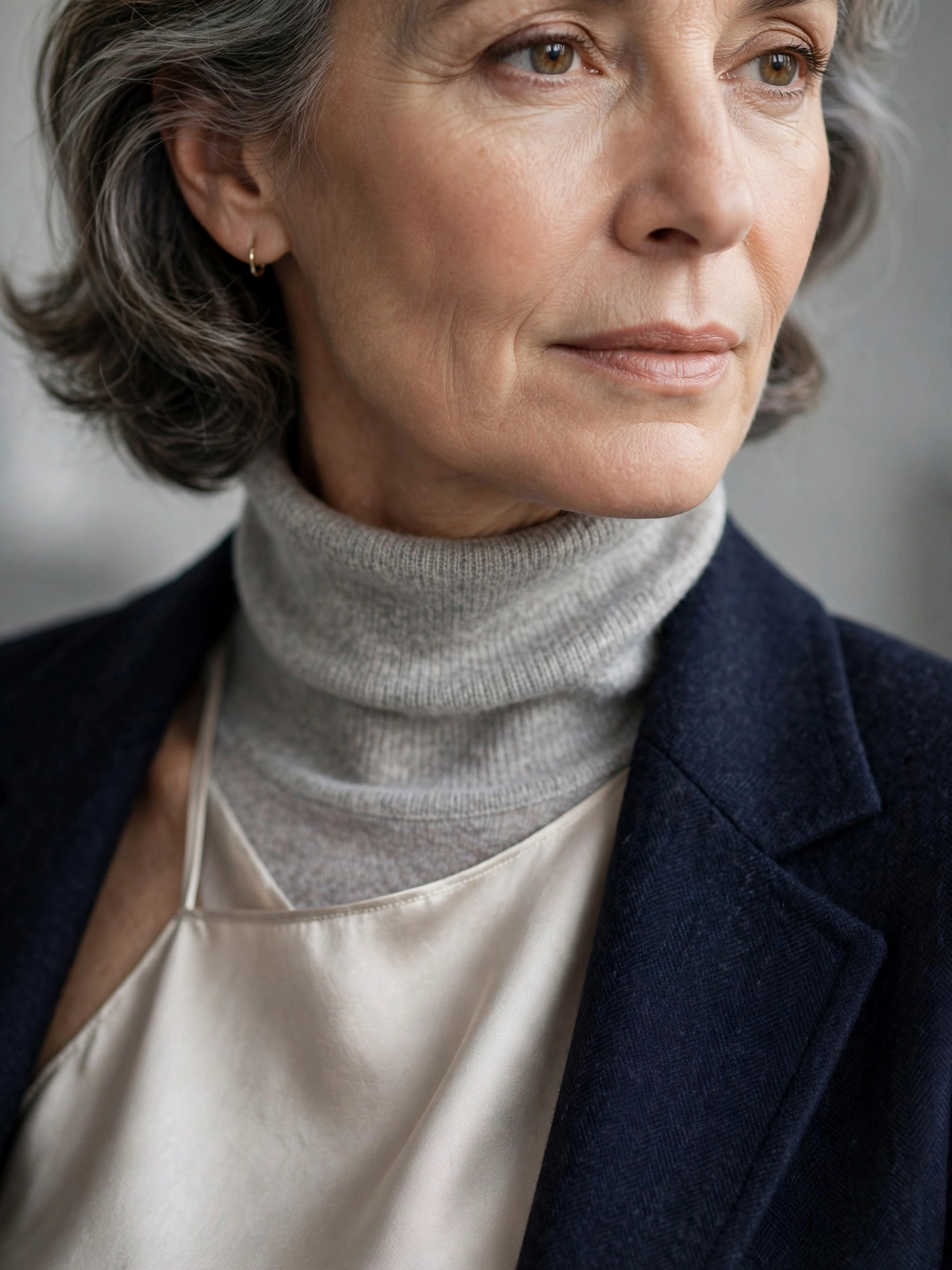 Close-up of elegant thin winter layering under a tailored blazer lapel