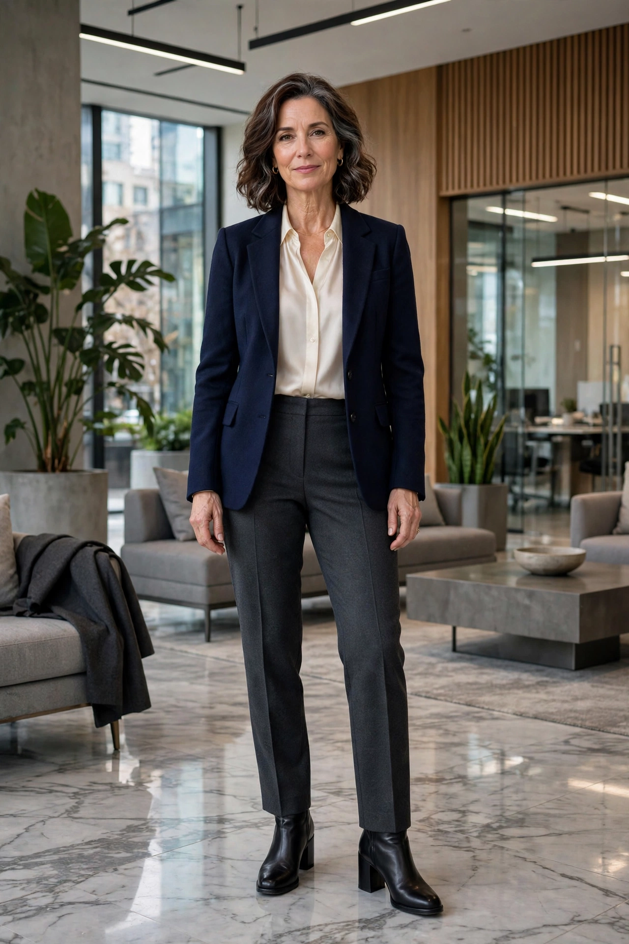 Woman over 50 in a navy wool blazer, silk blouse and tailored trousers